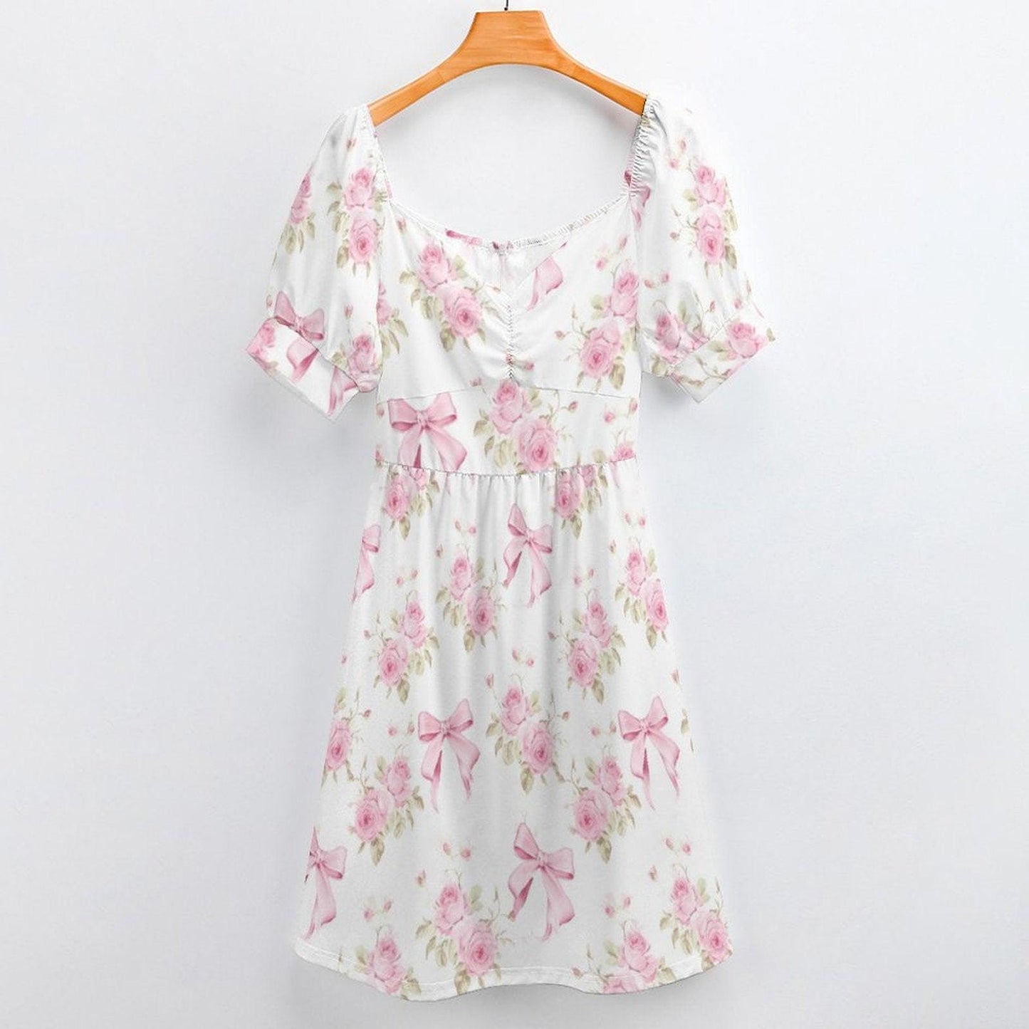 Pink Bow Rose Midi Dress, Puff Sleeve Floral Summer Outfit, Sweetheart Neckline, Fit and Flare, Party Dress