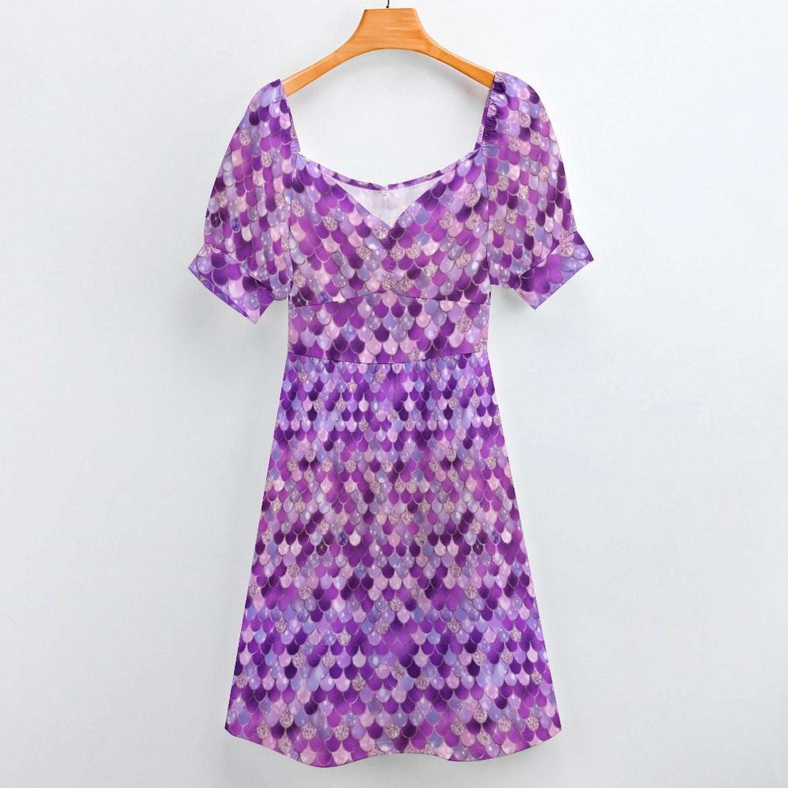 Purple Mermaid Scale Midi Dress, Puff Sleeve Fit and Flare, Glittery Summer Party Outfit
