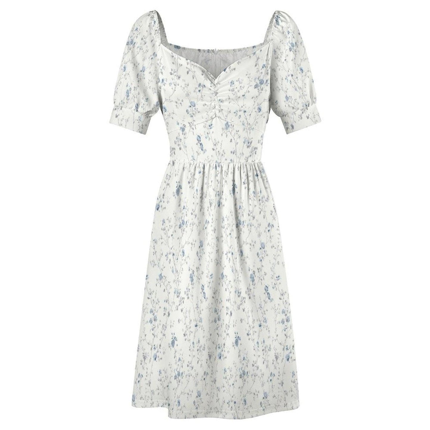 Blue Ditsy Floral Midi Dress, Puff Sleeve Romantic Summer Garden Party Outfit