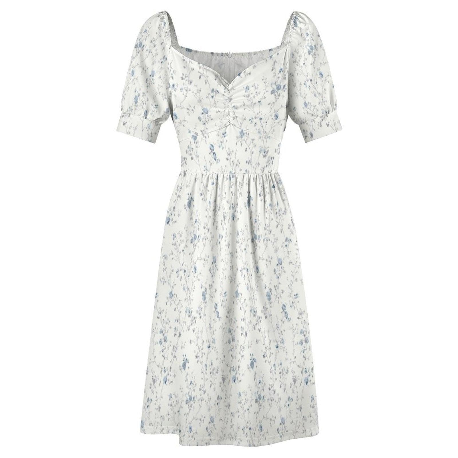 Blue Ditsy Floral Midi Dress, Puff Sleeve Romantic Summer Garden Party Outfit