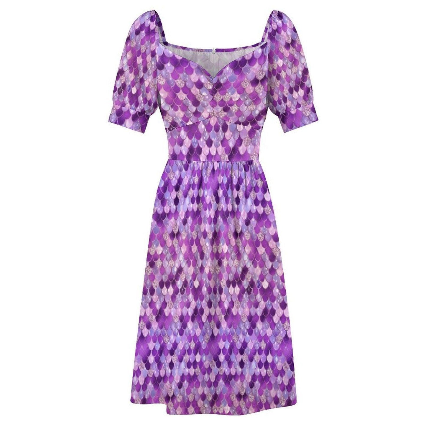 Purple Mermaid Scale Midi Dress, Puff Sleeve Fit and Flare, Glittery Summer Party Outfit