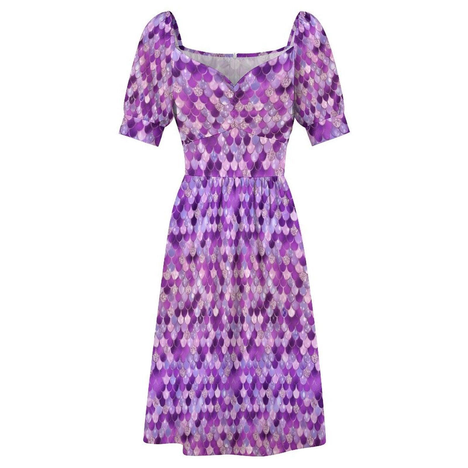 Purple Mermaid Scale Midi Dress, Puff Sleeve Fit and Flare, Glittery Summer Party Outfit
