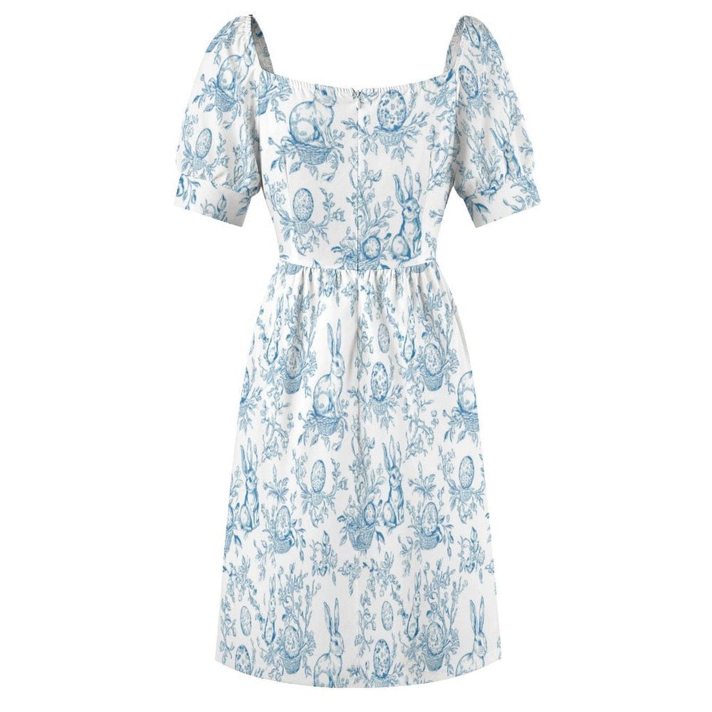 Blue Bunny Toile Midi Dress, Puff Sleeve Fit and Flare, Spring Cottage Outfit, Sweetheart Neckline