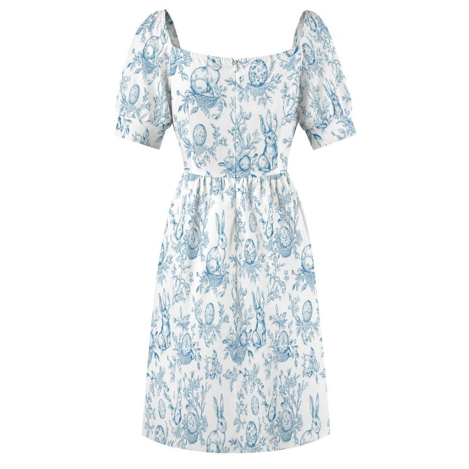 Blue Bunny Toile Midi Dress, Puff Sleeve Fit and Flare, Spring Cottage Outfit, Sweetheart Neckline