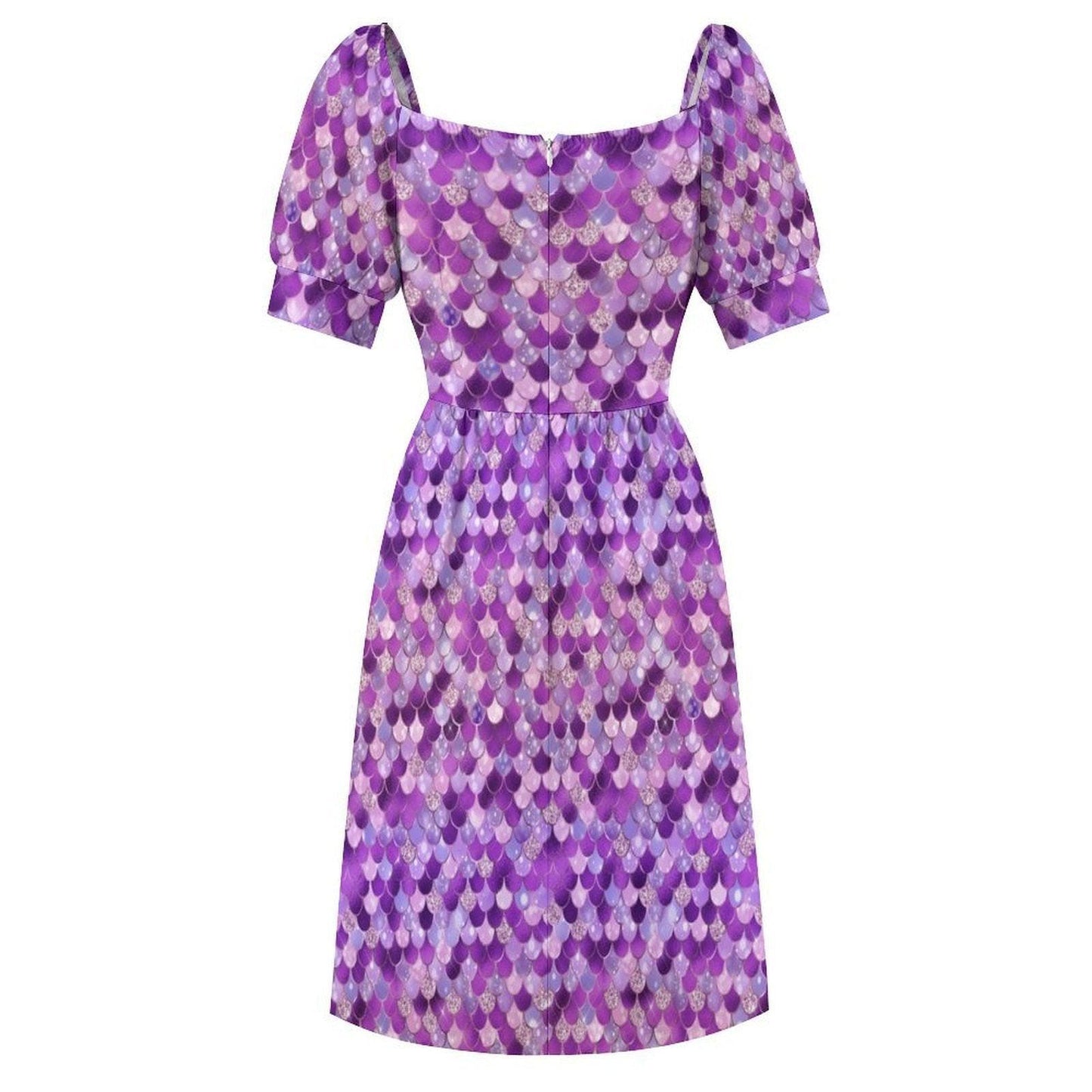 Purple Mermaid Scale Midi Dress, Puff Sleeve Fit and Flare, Glittery Summer Party Outfit