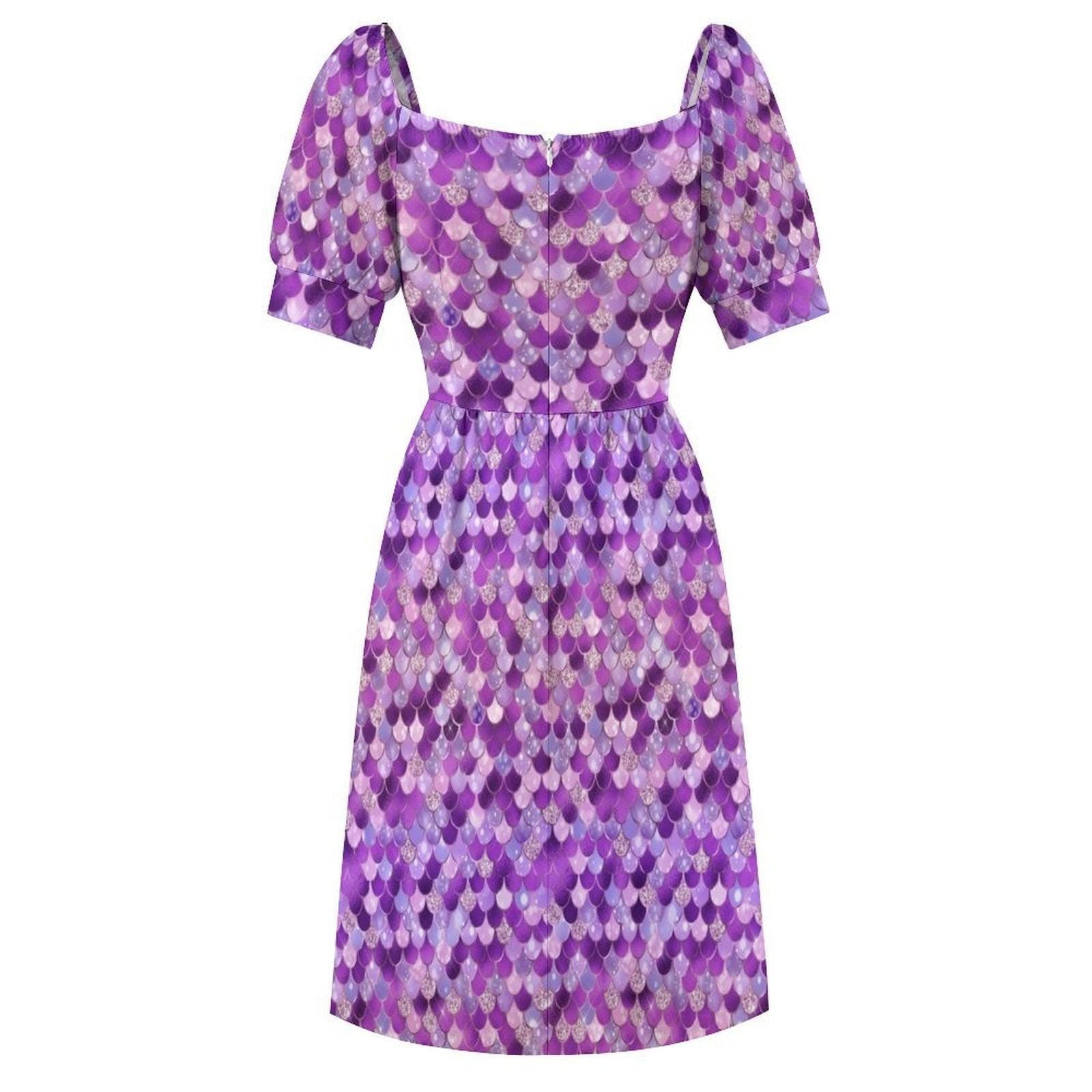 Purple Mermaid Scale Midi Dress, Puff Sleeve Fit and Flare, Glittery Summer Party Outfit