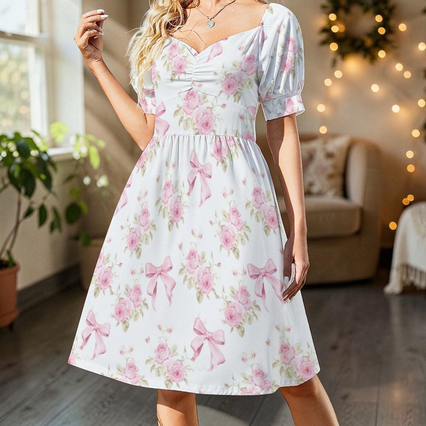 Pink Bow Rose Midi Dress, Puff Sleeve Floral Summer Outfit, Sweetheart Neckline, Fit and Flare, Party Dress