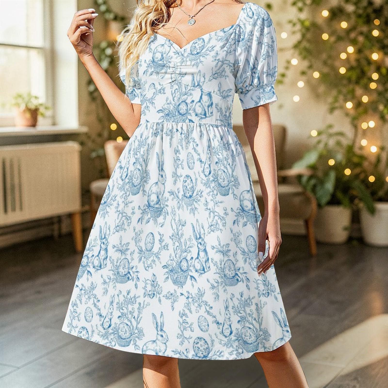 Blue Bunny Toile Midi Dress, Puff Sleeve Fit and Flare, Spring Cottage Outfit, Sweetheart Neckline