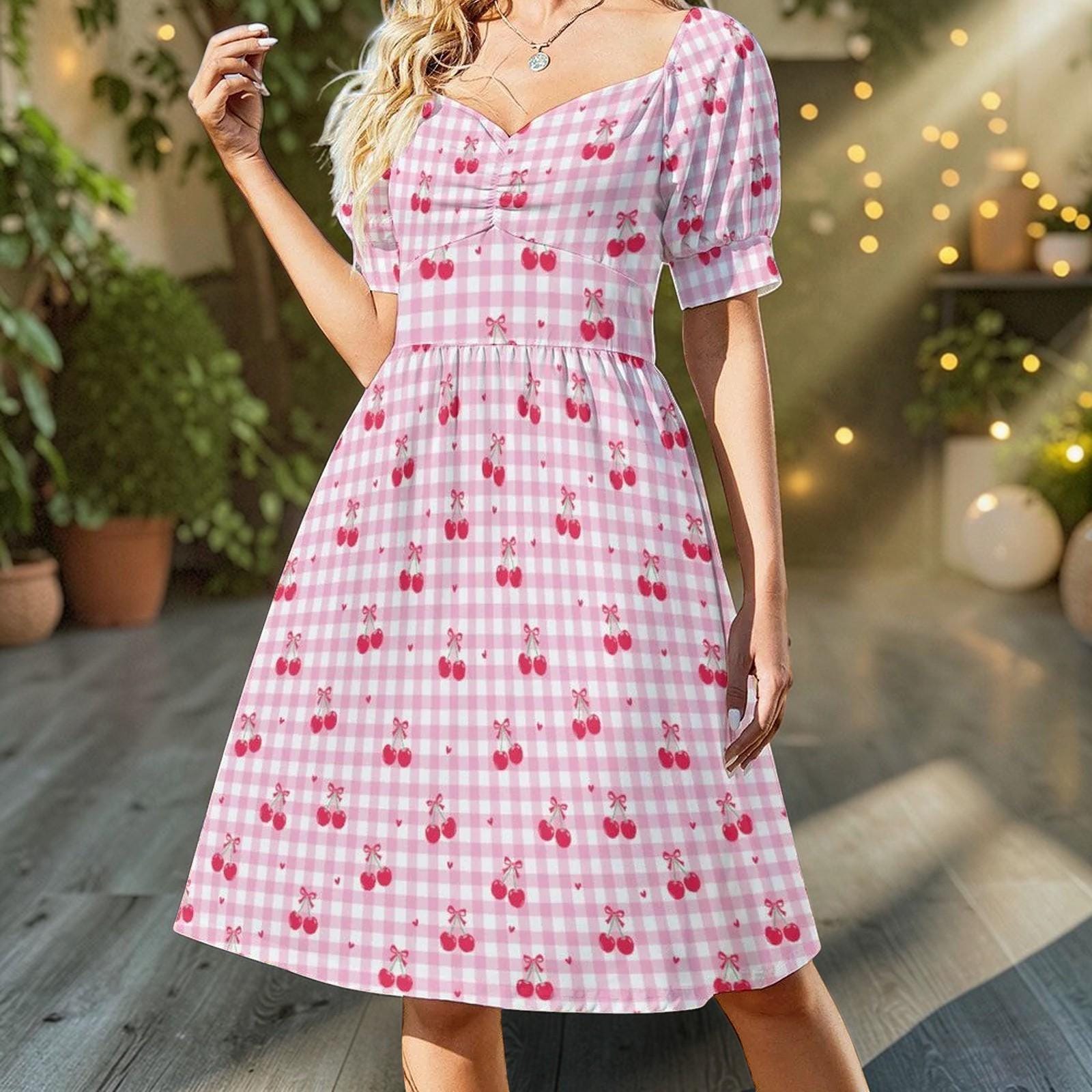 Pink Gingham Cherry Print Babydoll Dress, Summer Cottagecore Puff Sleeve Picnic Outfit