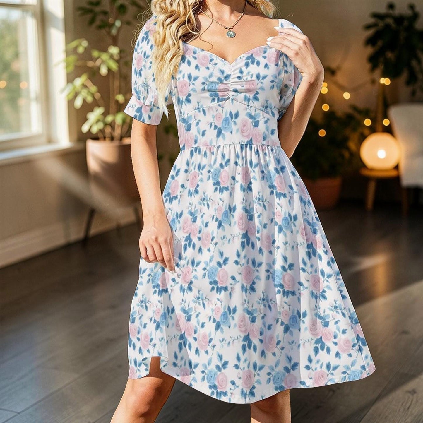 Blue Rose Midi Dress, Pastel Puff Sleeve, Ladylike Spring Brunch Outfit