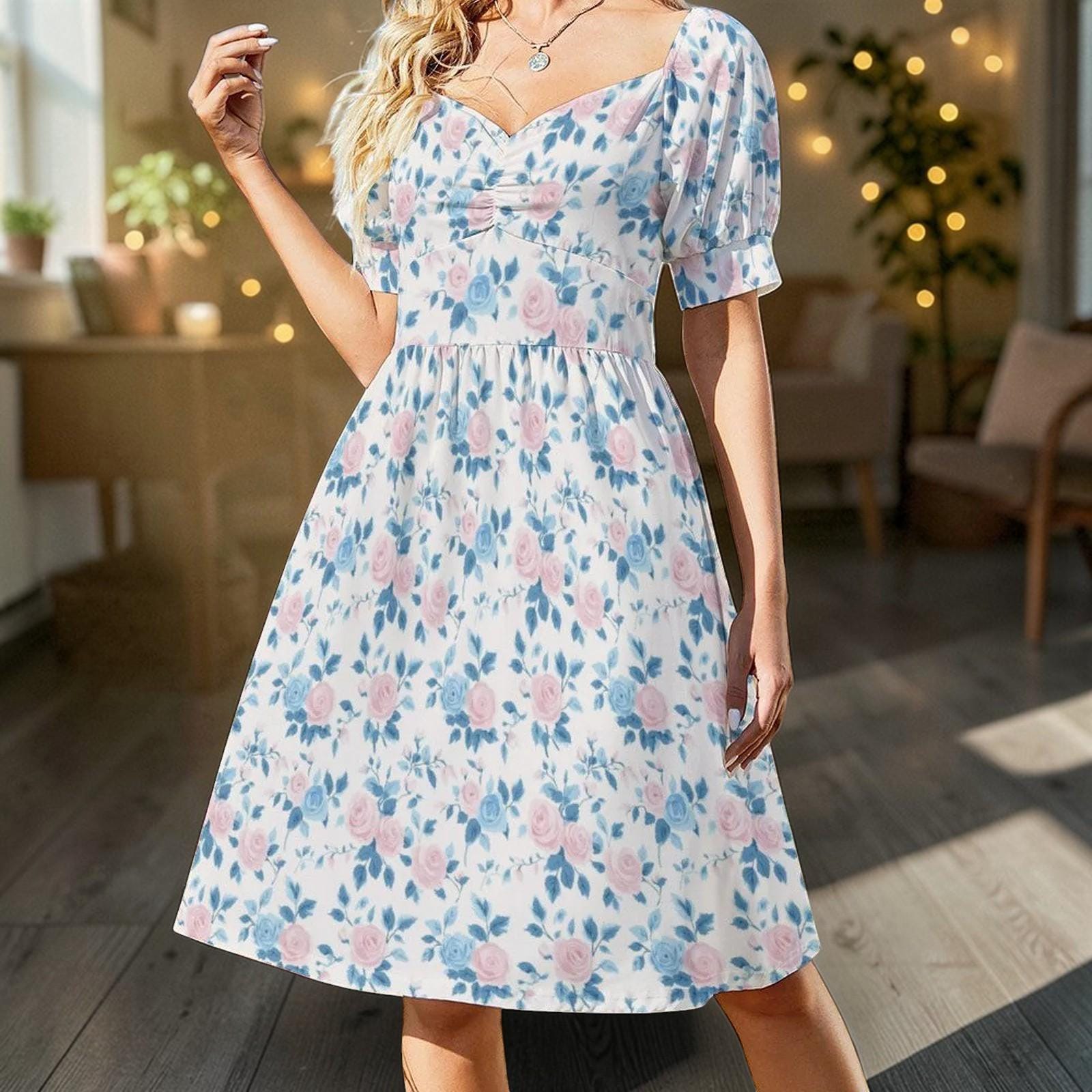 Blue Rose Midi Dress, Pastel Puff Sleeve, Ladylike Spring Brunch Outfit