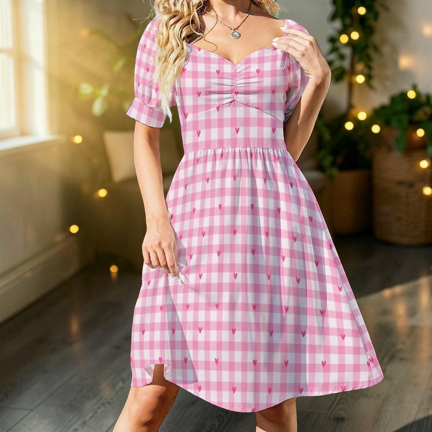 Pink Gingham Heart Midi Dress, Puff Sleeve Sweetheart Neckline, Romantic Picnic Outfit