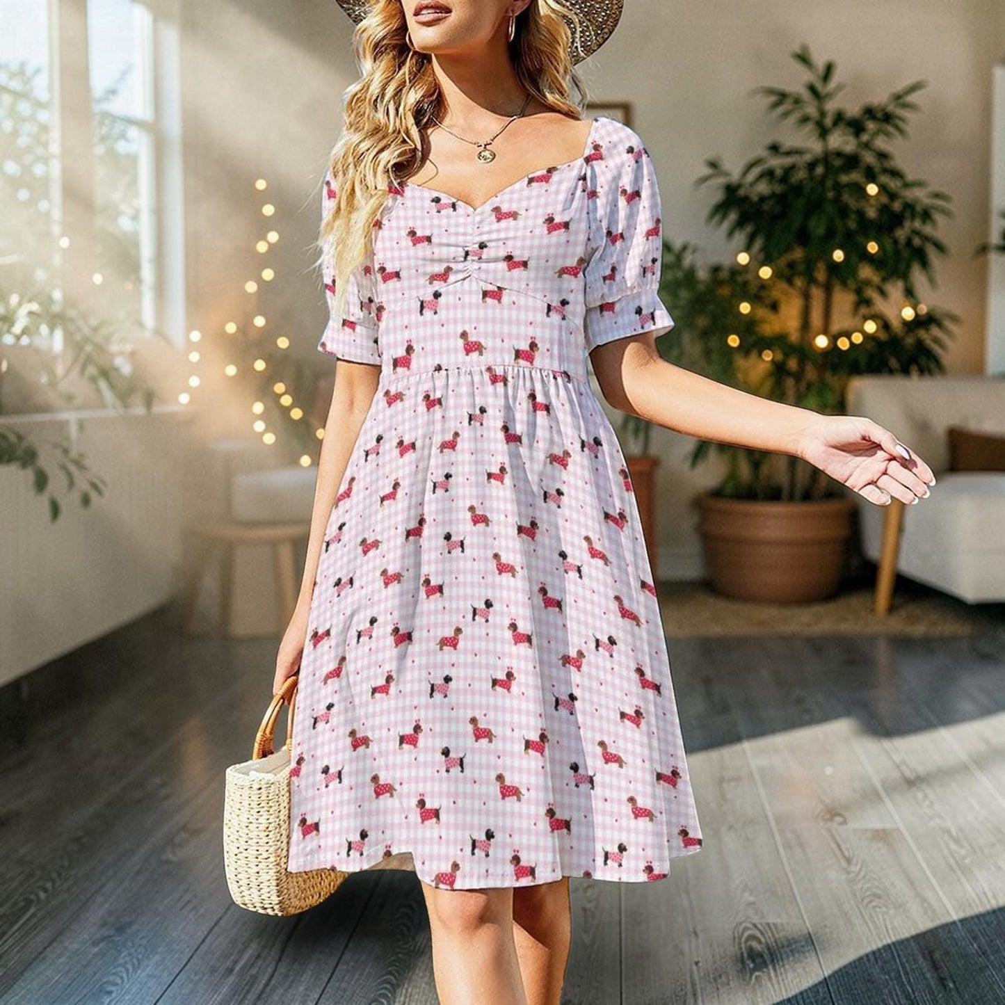 Pink Gingham Dachshund Midi Dress, Puff Sleeve Picnic Outfit, Dog Lover Fashion