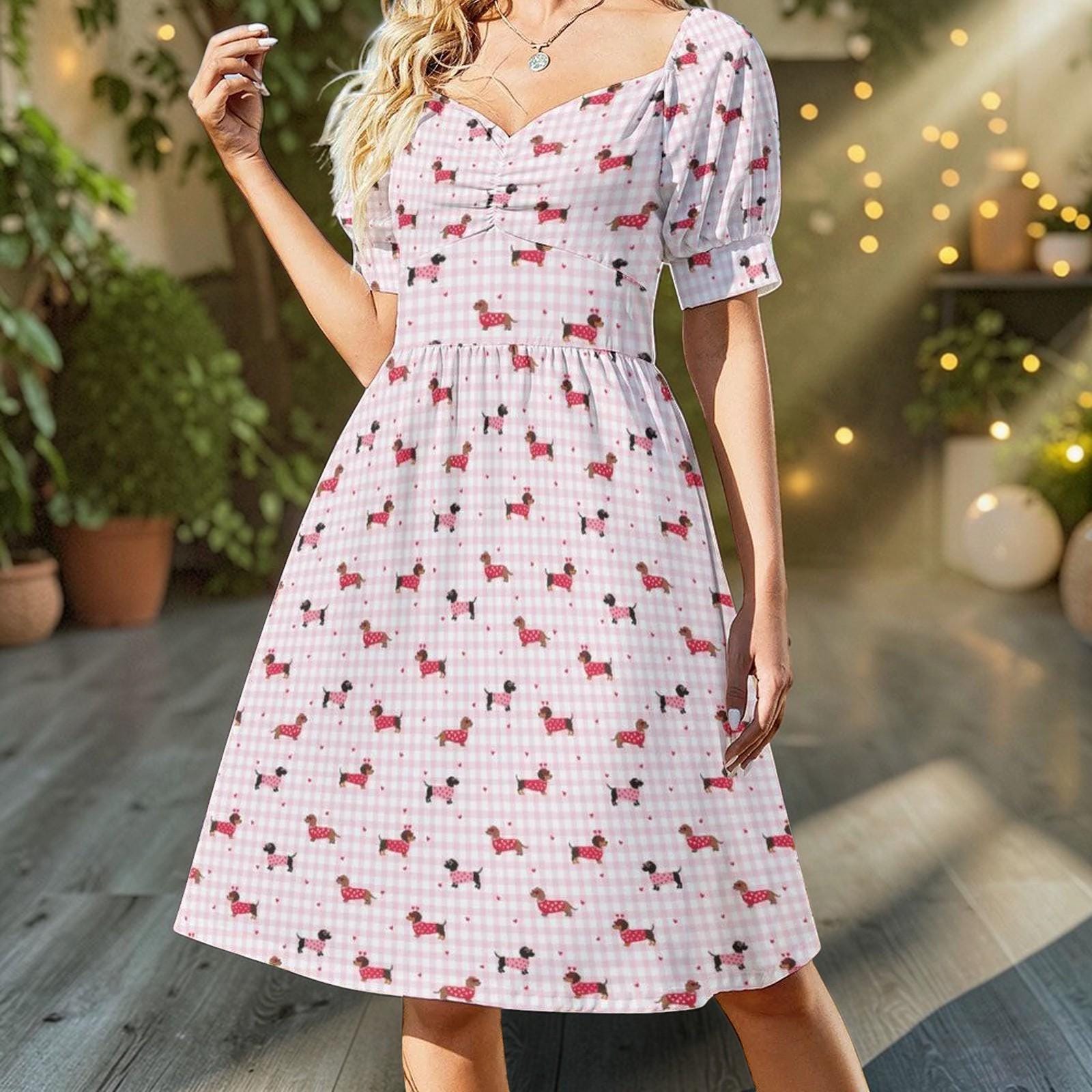 Pink Gingham Dachshund Midi Dress, Puff Sleeve Picnic Outfit, Dog Lover Fashion