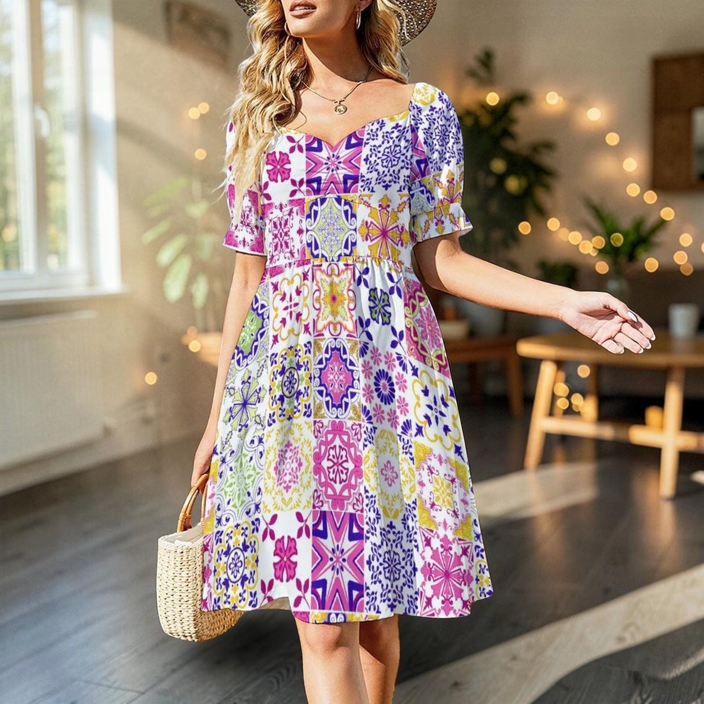 Tile Print Midi Dress, Mediterranean Puff Sleeve, Colorful Mosaic Vacation Outfit