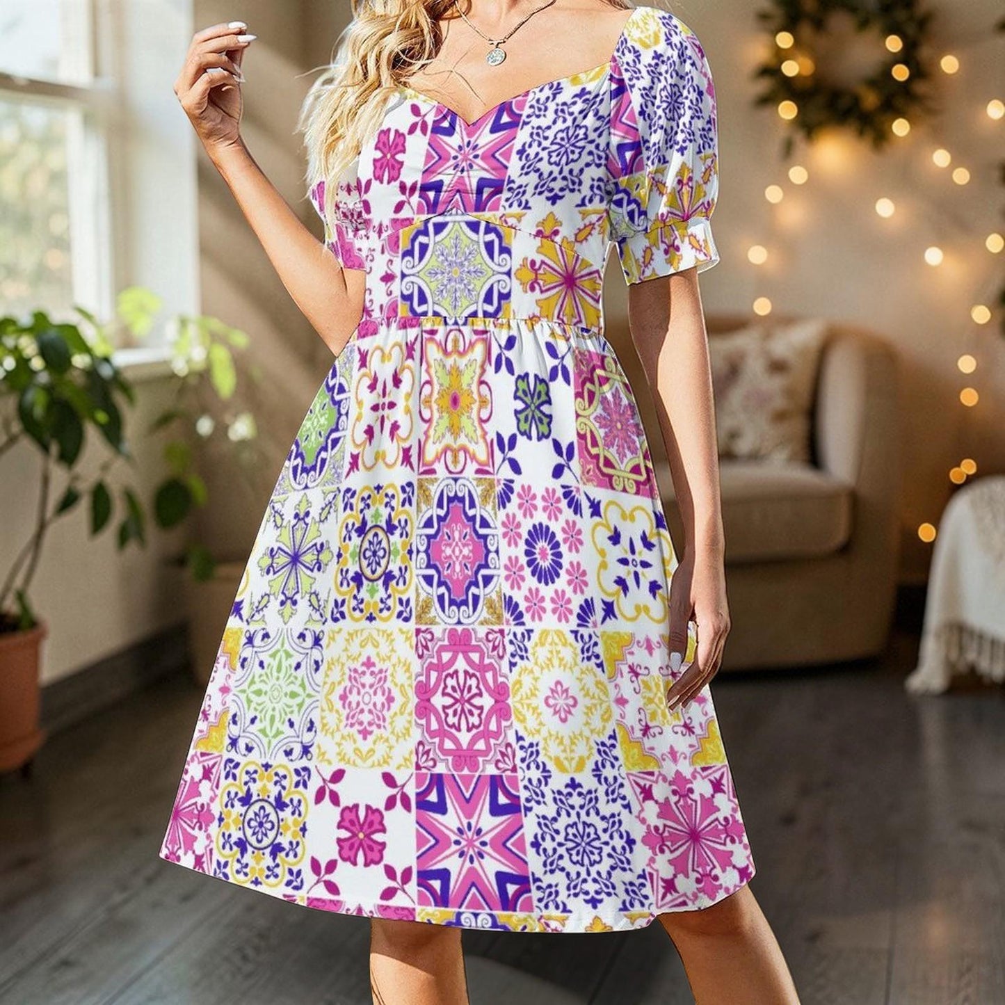 Tile Print Midi Dress, Mediterranean Puff Sleeve, Colorful Mosaic Vacation Outfit