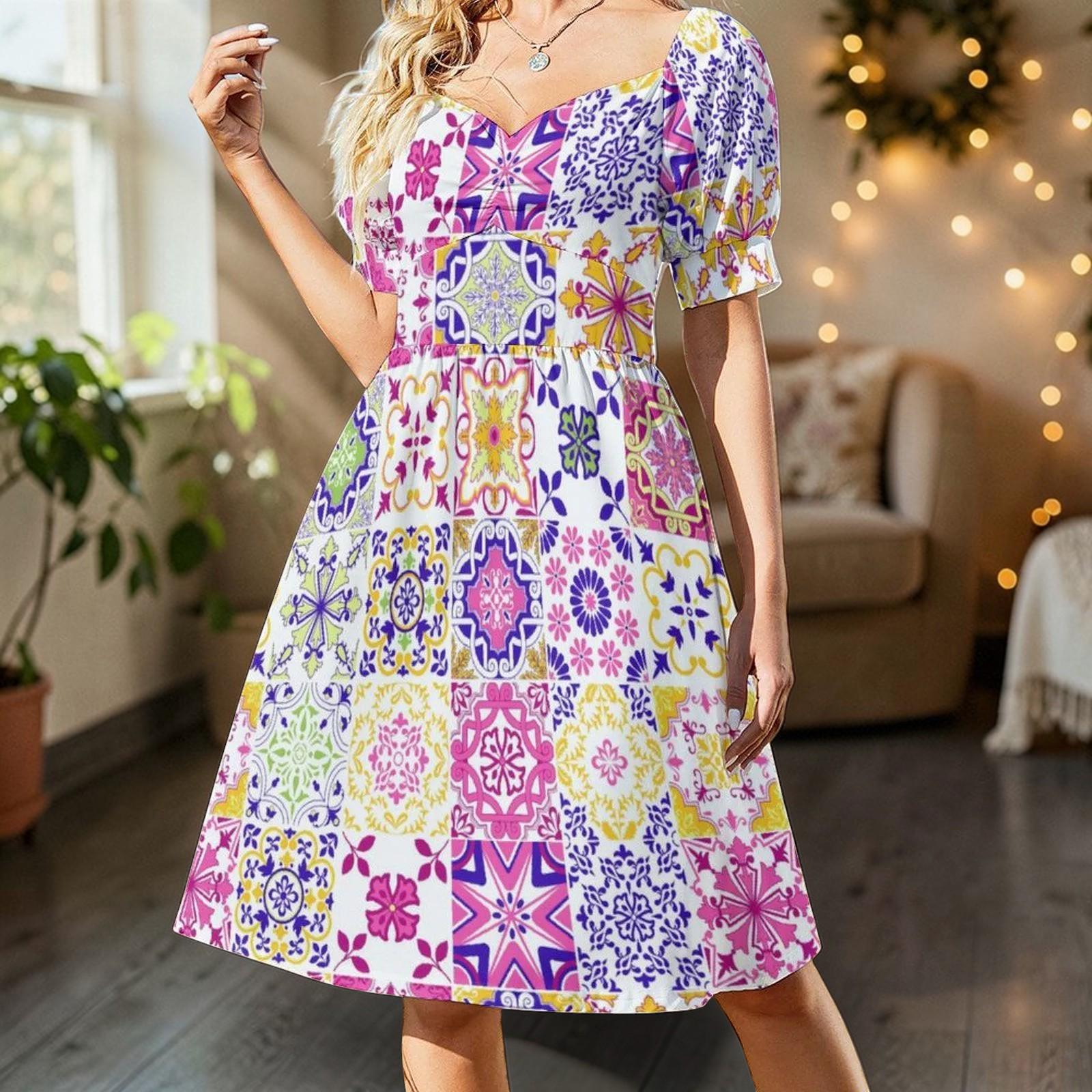 Tile Print Midi Dress, Mediterranean Puff Sleeve, Colorful Mosaic Vacation Outfit
