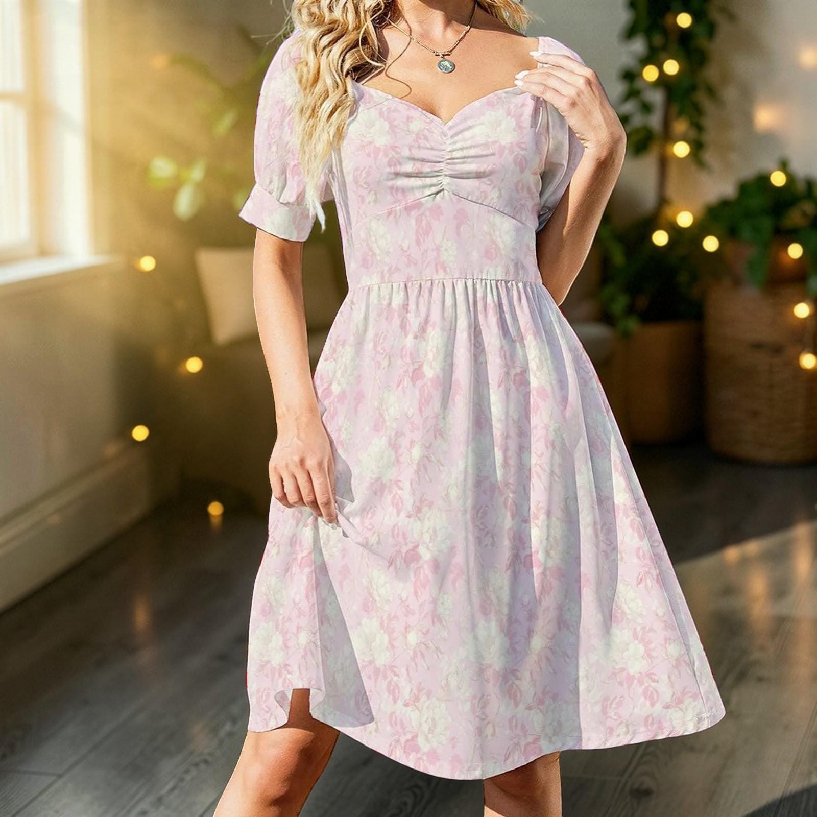Blush Floral Puff Sleeve Midi Dress, Romantic Garden Party Style, Sweetheart Neckline