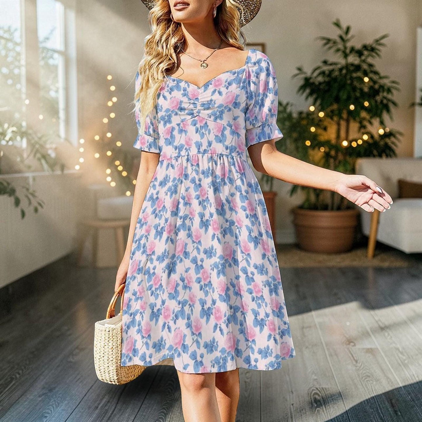 Pastel Floral Midi Dress, Puff Sleeve Sweetheart Neckline, Romantic Garden Party Outfit