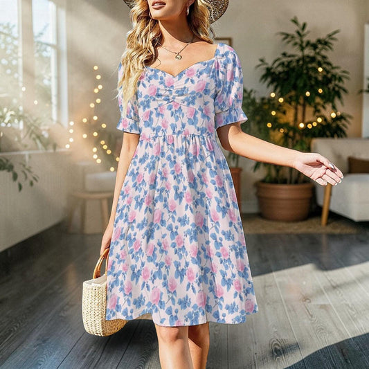 Pastel Floral Midi Dress, Puff Sleeve Sweetheart Neckline, Romantic Garden Party Outfit