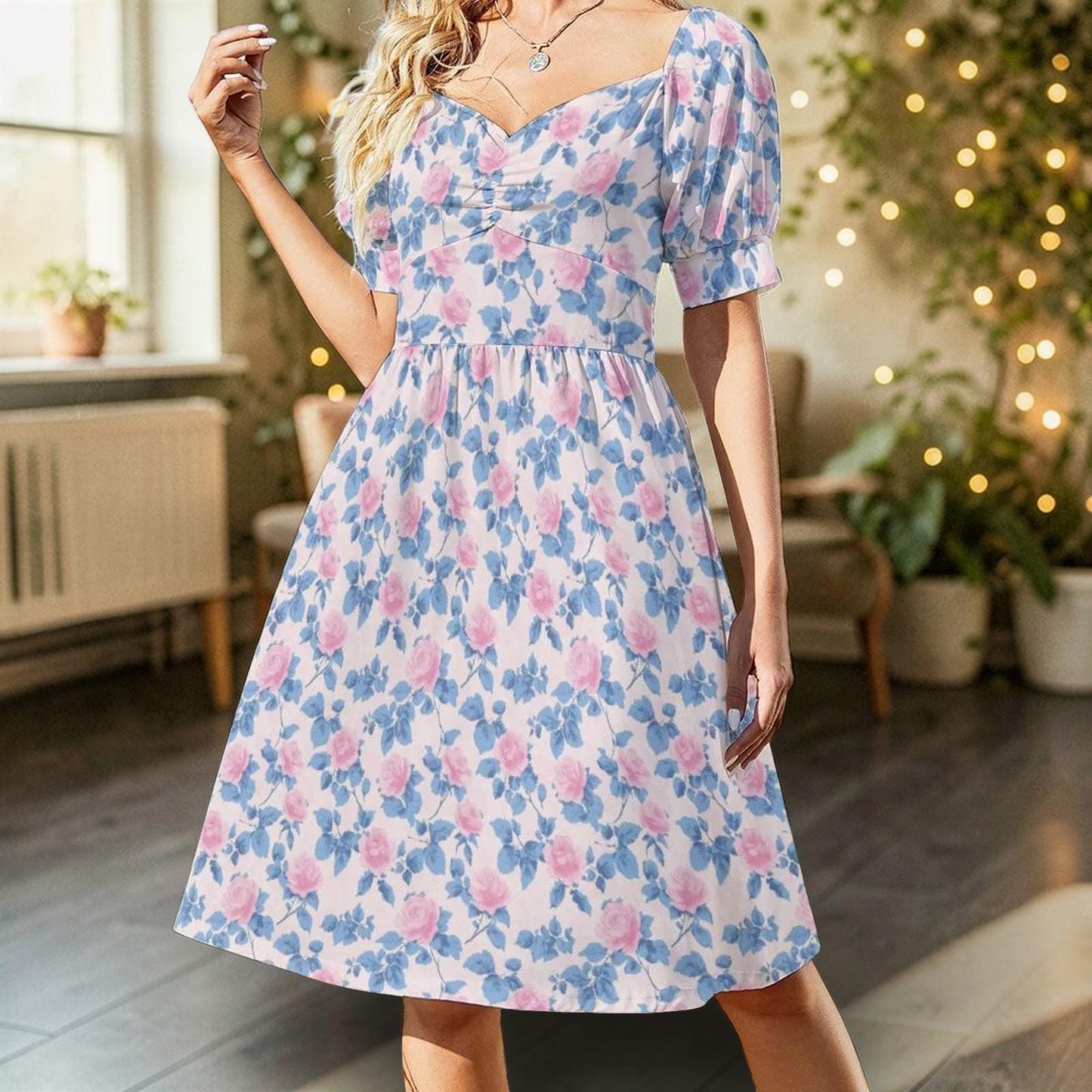 Pastel Floral Midi Dress, Puff Sleeve Sweetheart Neckline, Romantic Garden Party Outfit