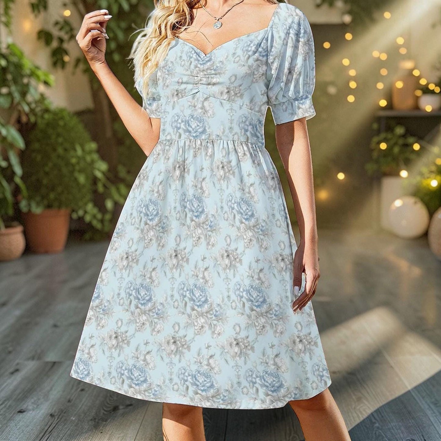 French Country Blue Rose Midi Dress, Puff Sleeve Sweetheart Tea Dress