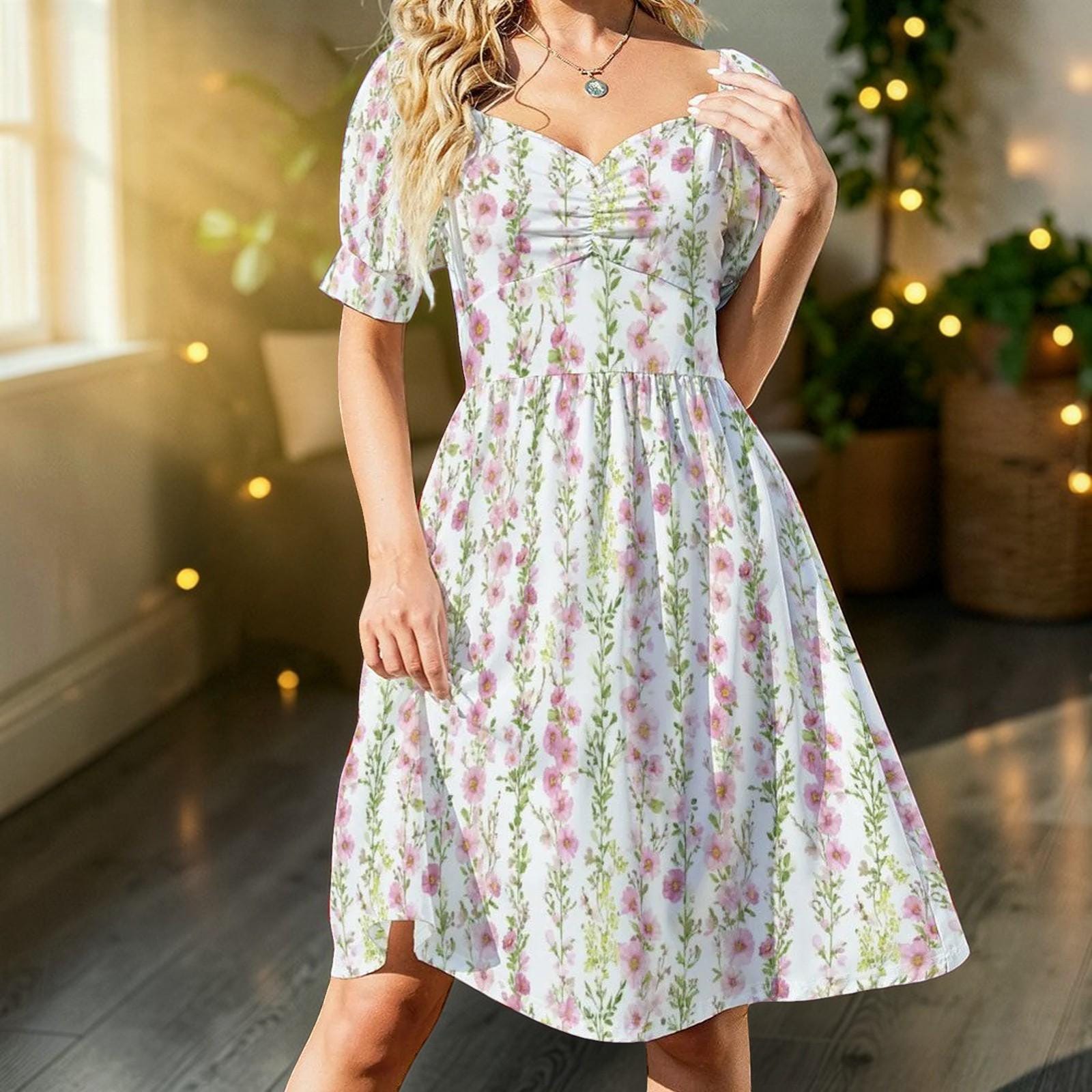 Pink Hollyhock Midi Dress, Cottage Garden Puff Sleeve, Romantic Floral Tea Party Outfit