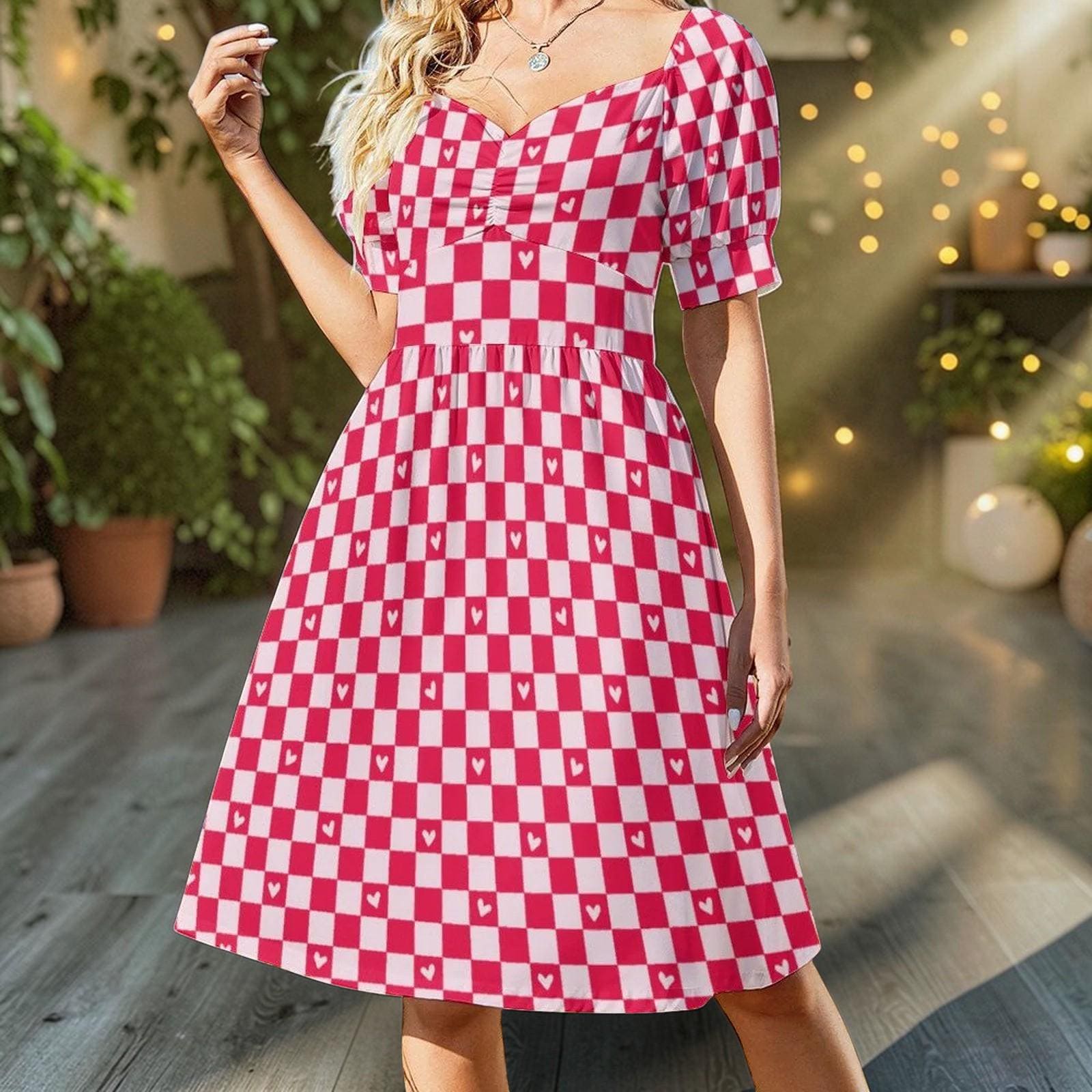 Red Gingham Heart Puff Sleeve Dress, Sweetheart Neckline Picnic Outfit