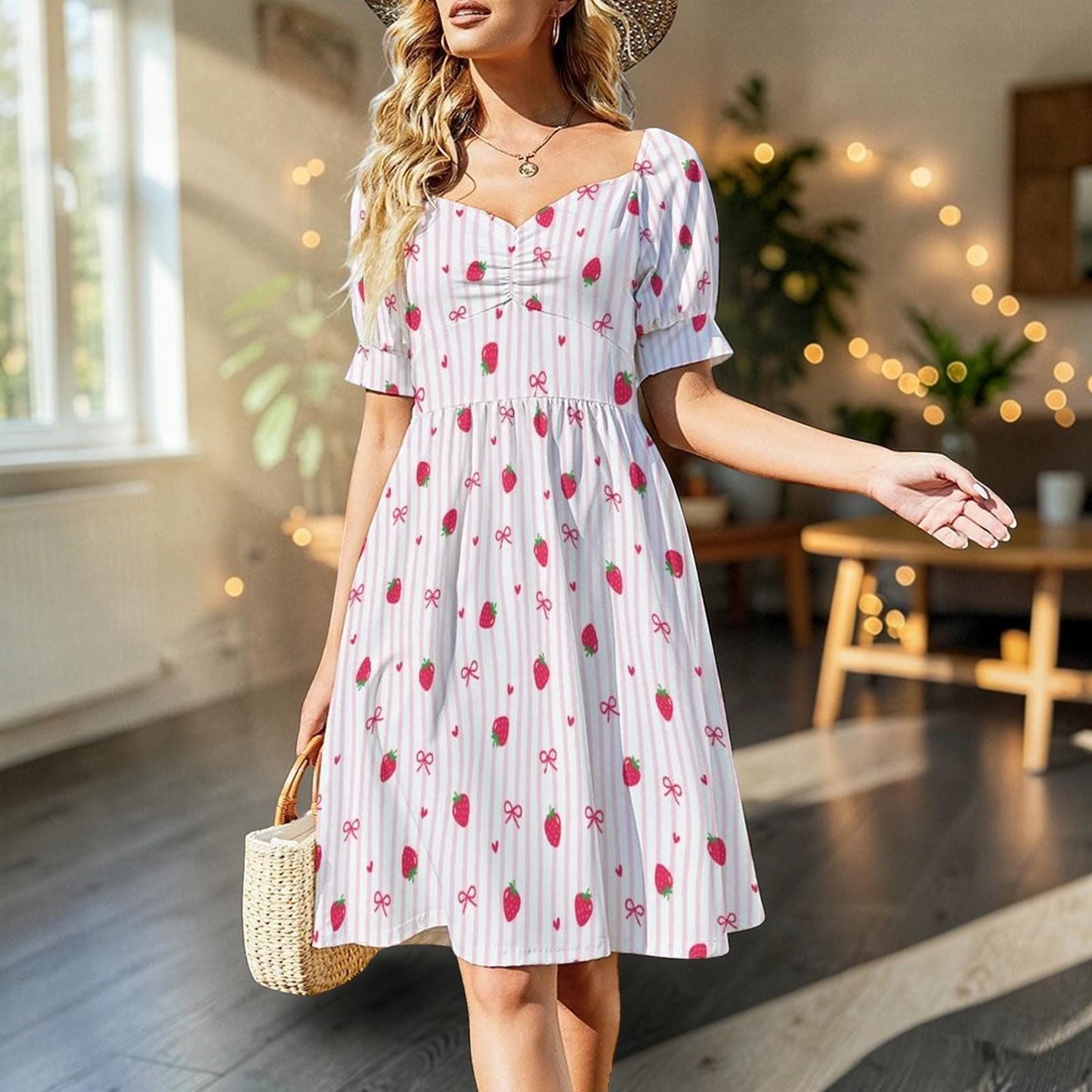 Strawberry Bow Dress, Pink Coquette Puff Sleeve, Picnic, Girls Trip, Summer Day Dress