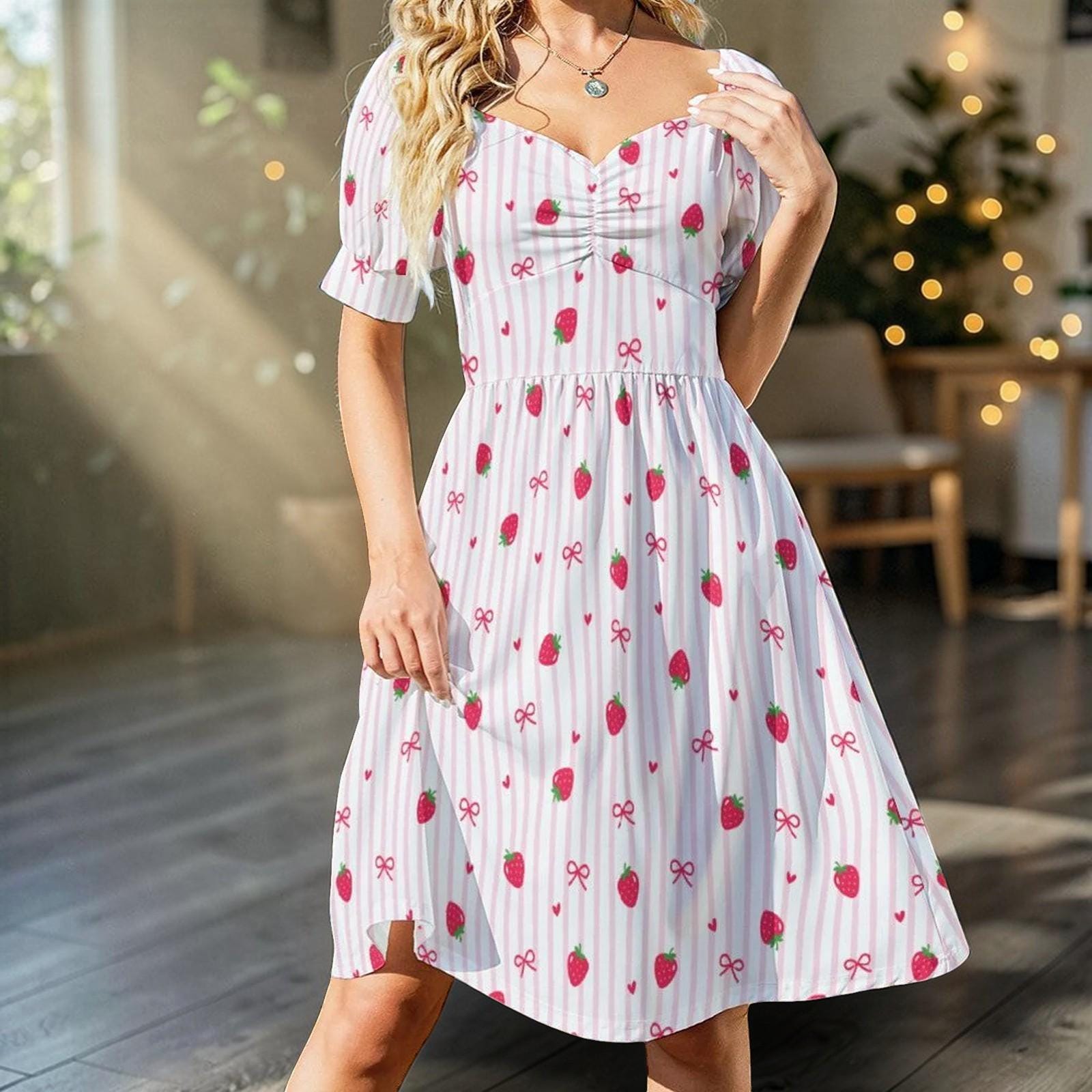 Strawberry Bow Dress, Pink Coquette Puff Sleeve, Picnic, Girls Trip, Summer Day Dress