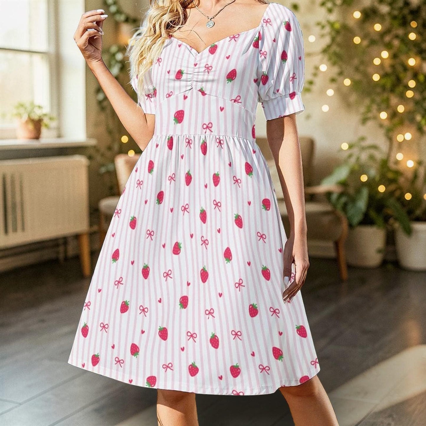 Strawberry Bow Dress, Pink Coquette Puff Sleeve, Picnic, Girls Trip, Summer Day Dress