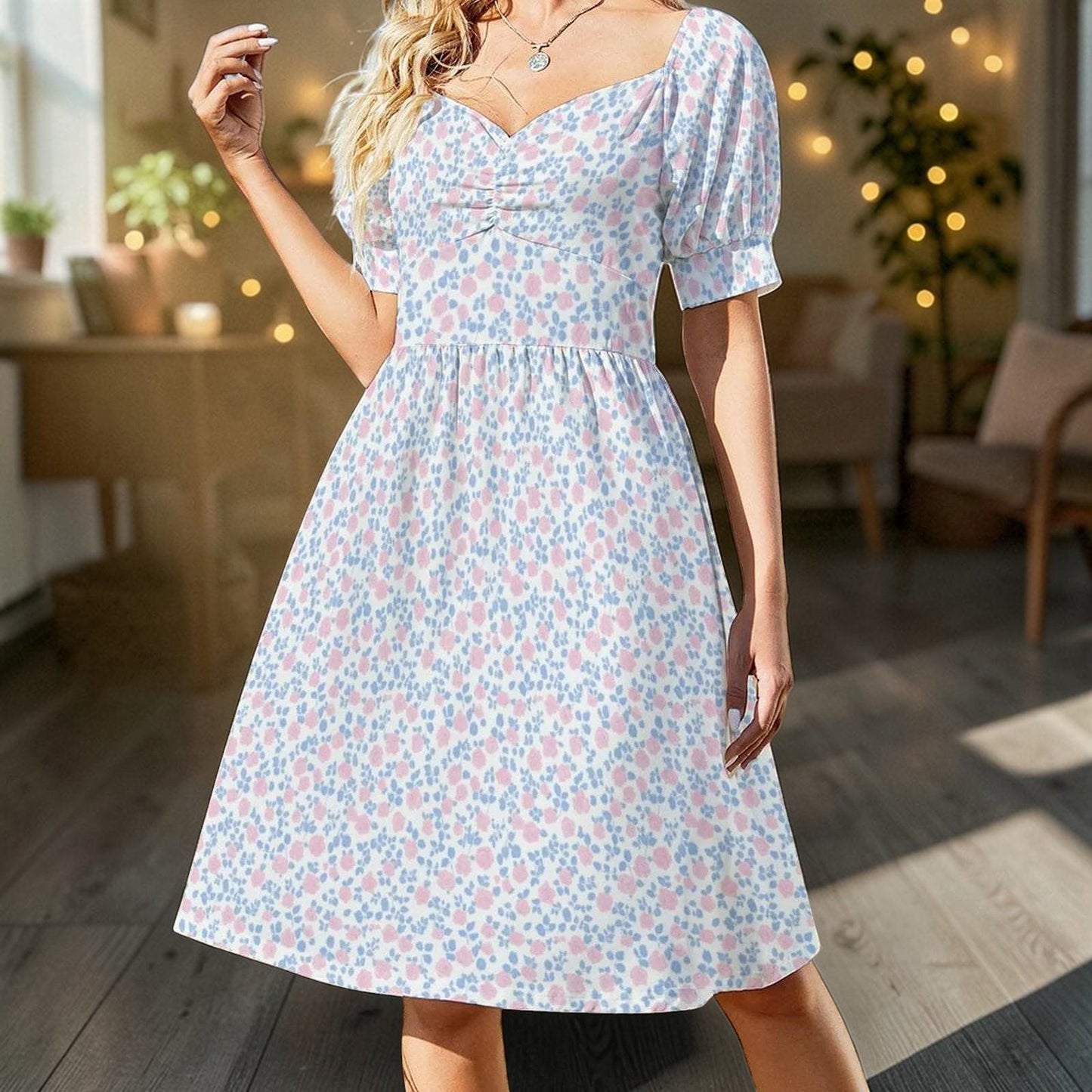 Pastel floral midi dress with puff sleeves, sweetheart neckline, prairie style, spring garden tea dress