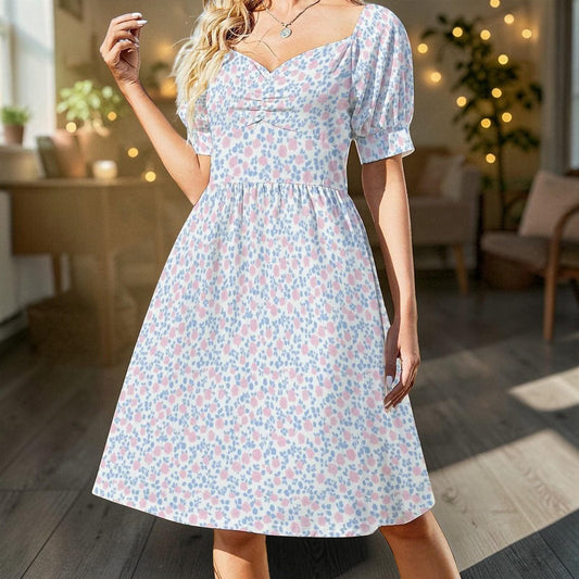 Pastel floral midi dress with puff sleeves, sweetheart neckline, prairie style, spring garden tea dress