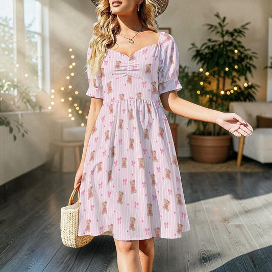 Pink Teddy Bear Babydoll Dress, Bow Print Puff Sleeve, Sweetheart Neckline, Kawaii Style
