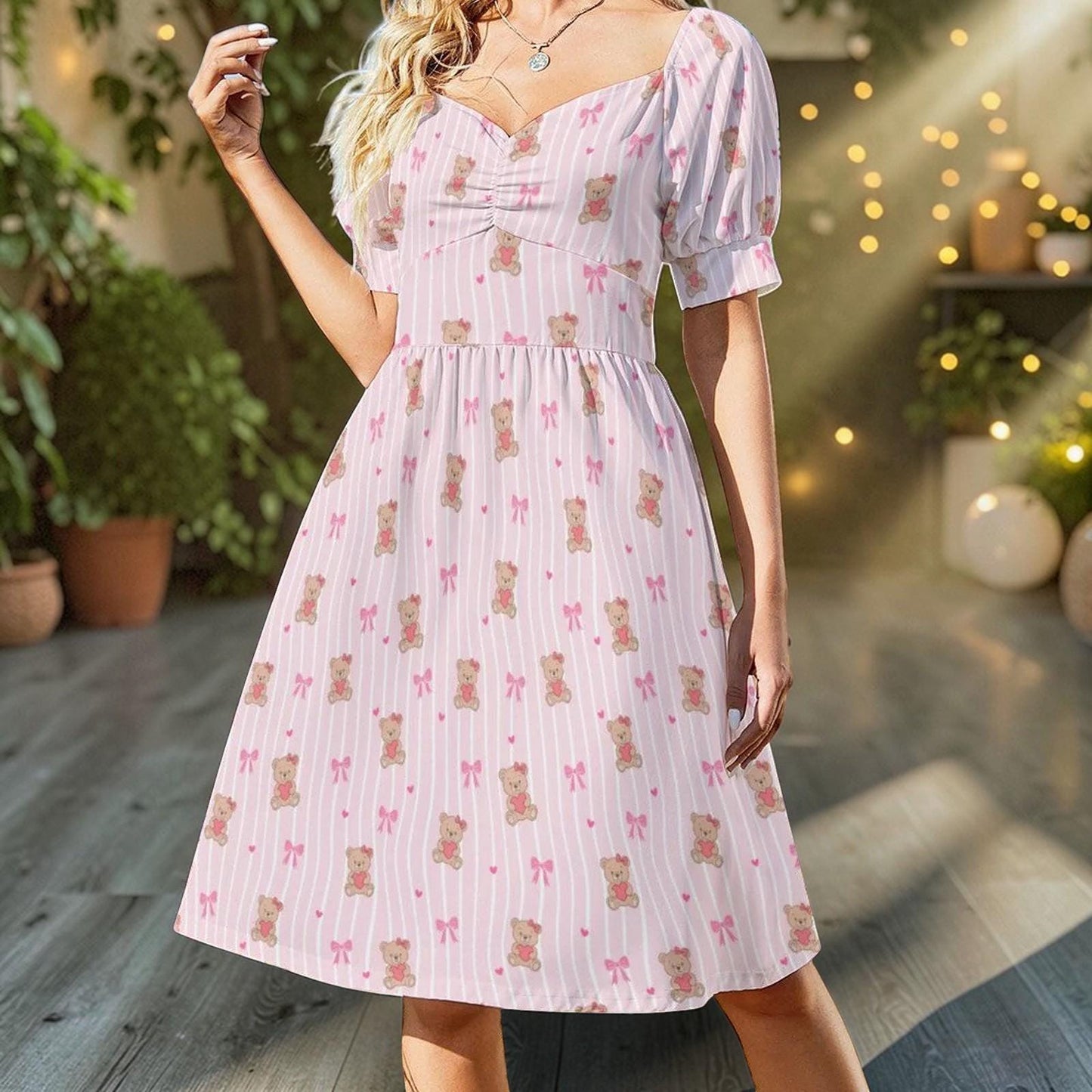 Pink Teddy Bear Babydoll Dress, Bow Print Puff Sleeve, Sweetheart Neckline, Kawaii Style