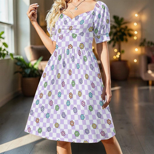 Lavender Checkerboard Midi Dress, Pastel Daisy Puff Sleeve, Retro Picnic Outfit