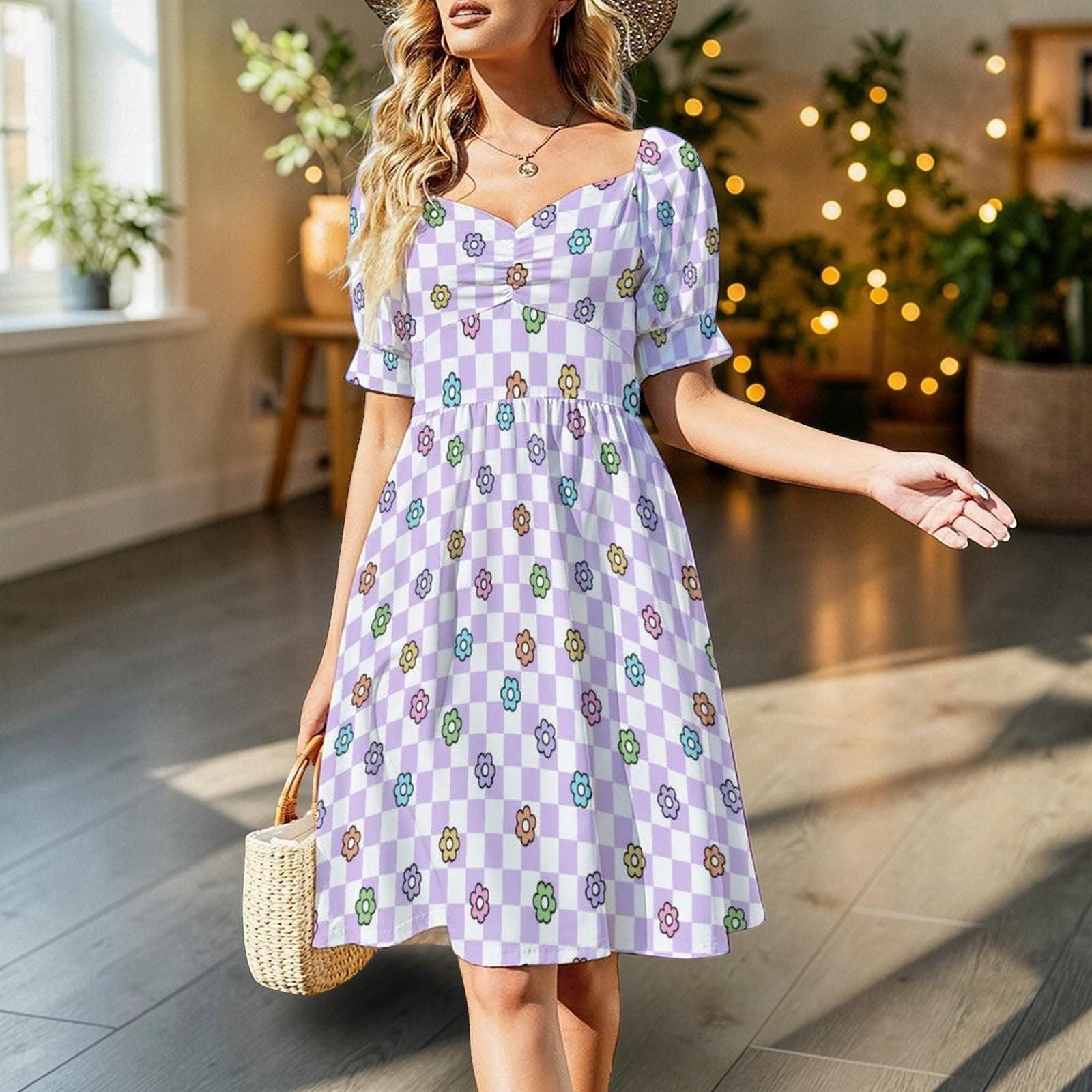 Lavender Checkerboard Midi Dress, Pastel Daisy Puff Sleeve, Retro Picnic Outfit