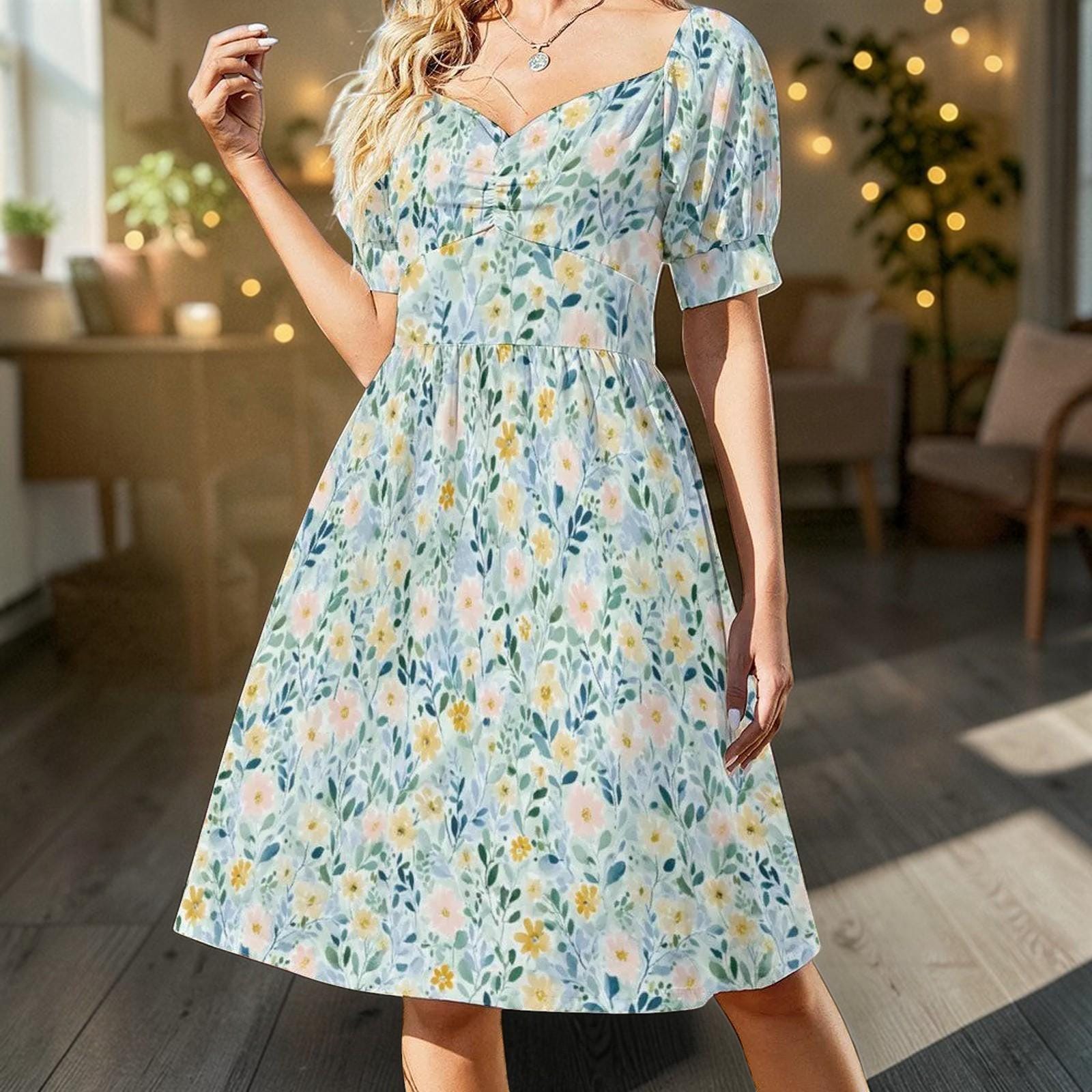 Pastel Wildflower Midi Dress, Botanical Puff Sleeve, Garden Party Style, Bridal Brunch