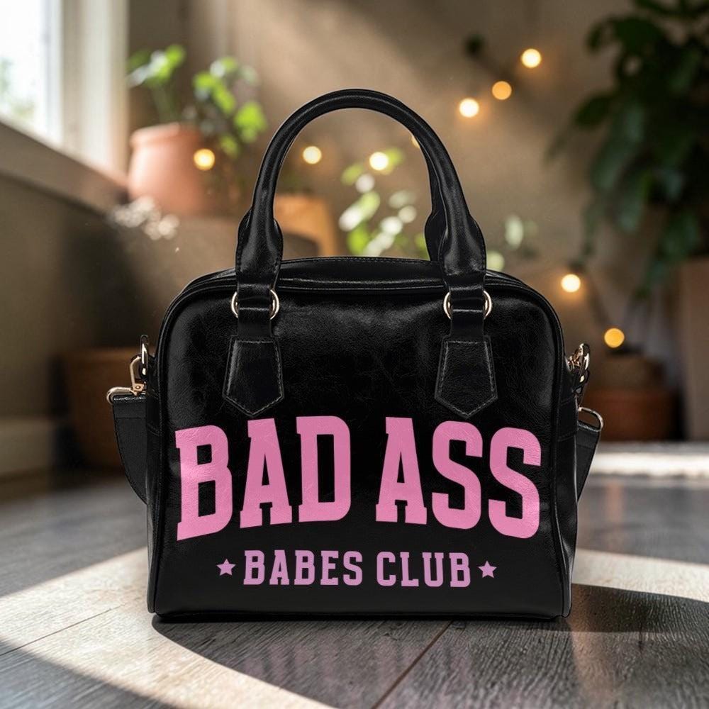 Badass Babes Club Black Statement Handbag, Pink Slogan Bowler Bag, Edgy Baddie Purse