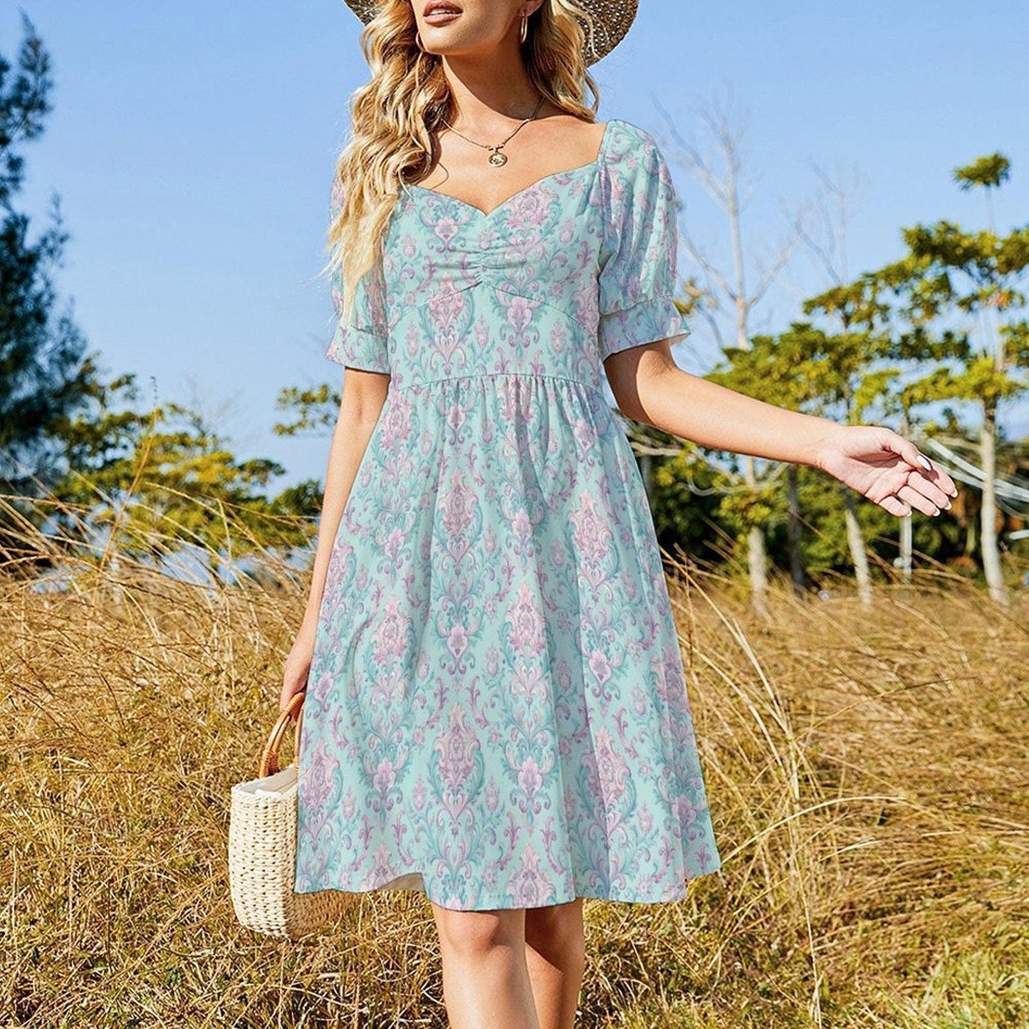 Mint Damask Midi Dress, Victorian Puff Sleeve, Sweetheart Neckline, Pastel Bridal Brunch Outfit