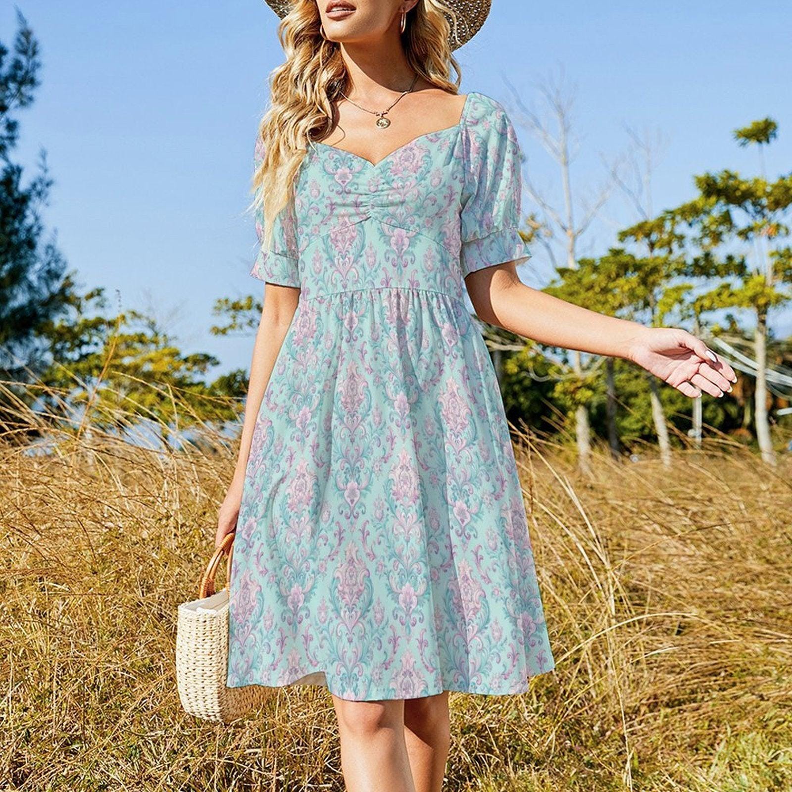 Mint Damask Midi Dress, Victorian Puff Sleeve, Sweetheart Neckline, Pastel Bridal Brunch Outfit