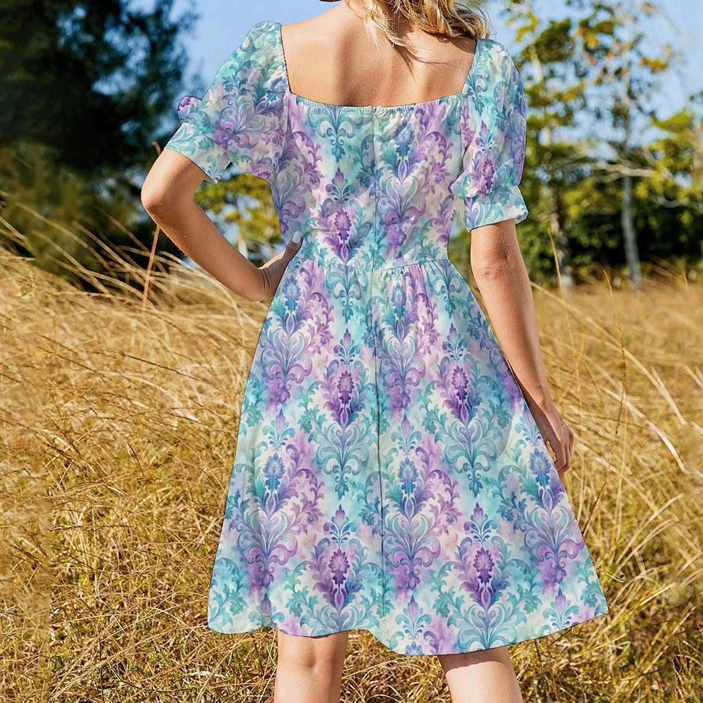Pastel Damask Midi Dress, Puff Sleeve Baroque Style, Romantic Garden Party Outfit
