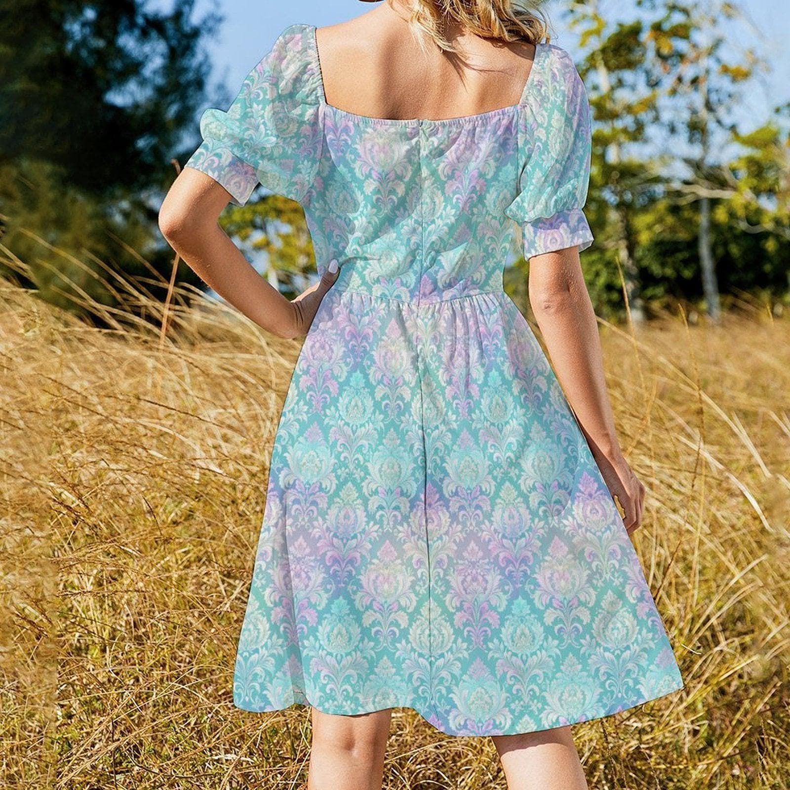 Seafoam Pastel Rococo Midi Dress, Puff Sleeve Mermaidcore Wedding Guest Outfit