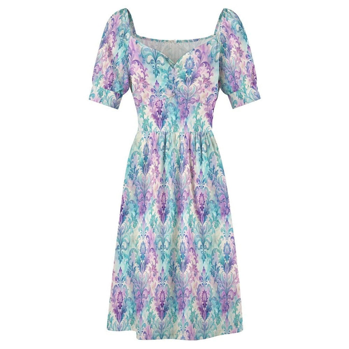 Pastel Damask Midi Dress, Puff Sleeve Baroque Style, Romantic Garden Party Outfit