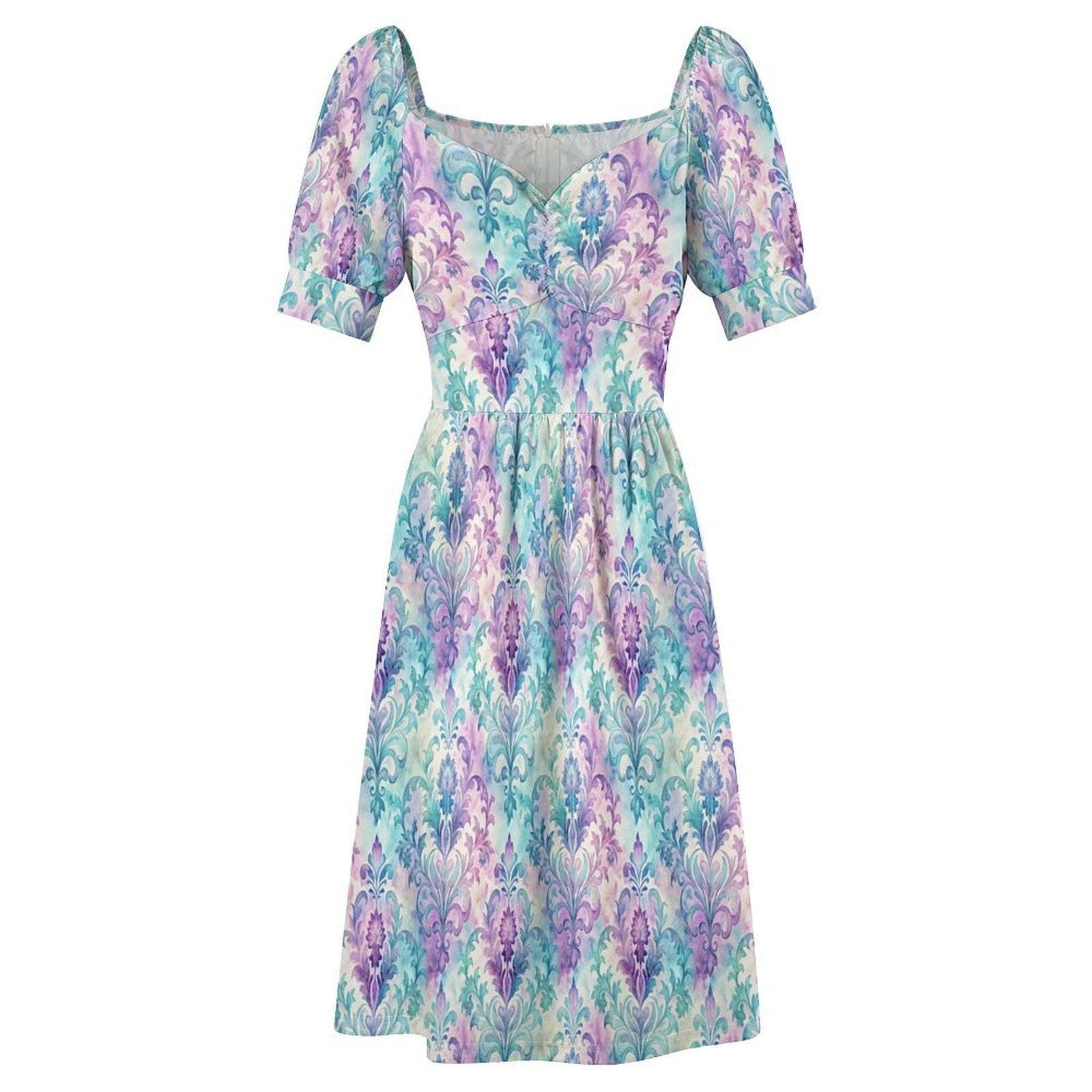 Pastel Damask Midi Dress, Puff Sleeve Baroque Style, Romantic Garden Party Outfit