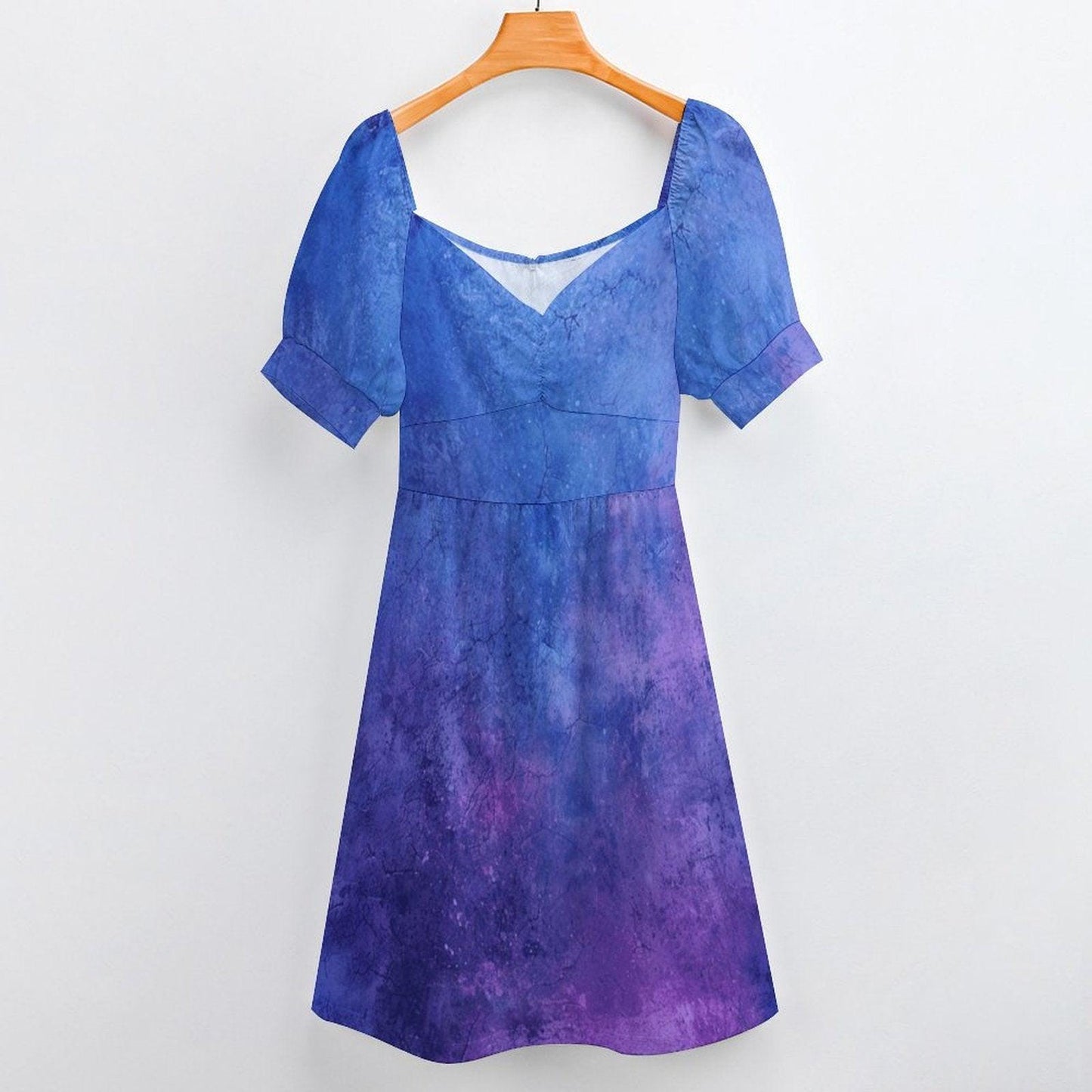 Celestial Midi Dress for Women, Blue Purple Galaxy Print Dress, Puff Sleeve Sweetheart Dress, Dreamy Evening Party Outfit