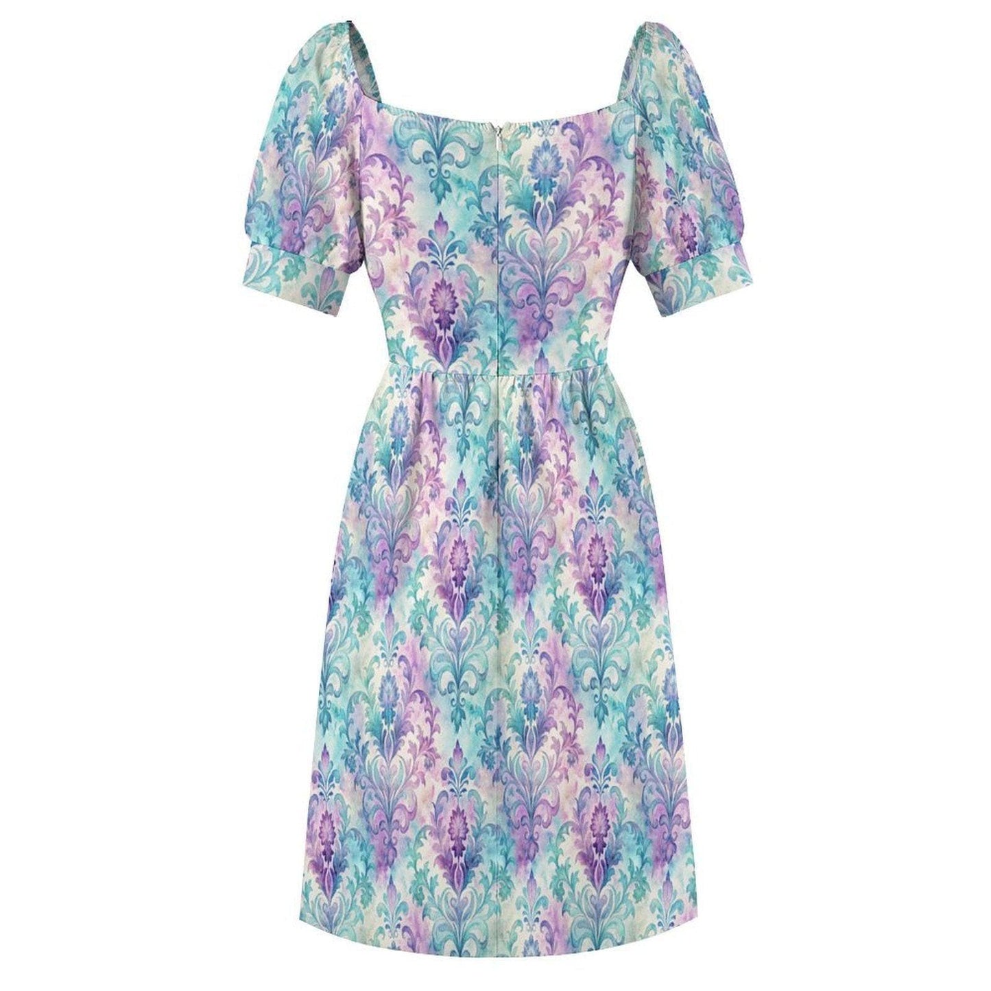 Pastel Damask Midi Dress, Puff Sleeve Baroque Style, Romantic Garden Party Outfit