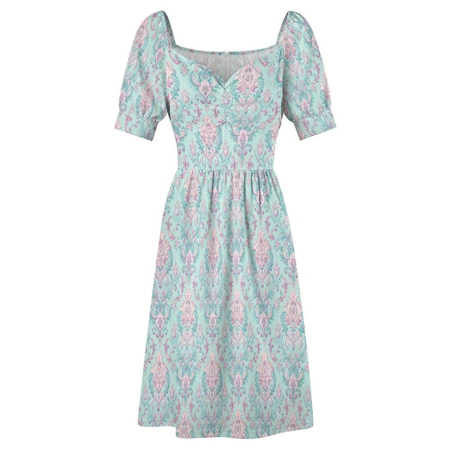 Mint Damask Midi Dress, Victorian Puff Sleeve, Sweetheart Neckline, Pastel Bridal Brunch Outfit