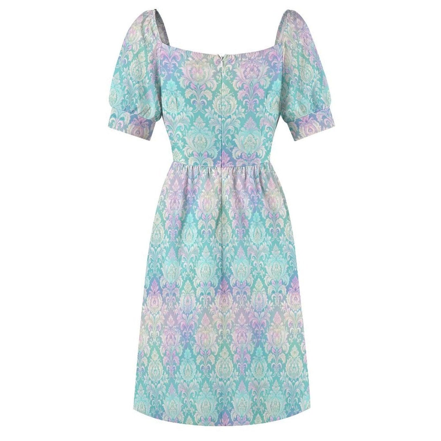 Seafoam Pastel Rococo Midi Dress, Puff Sleeve Mermaidcore Wedding Guest Outfit