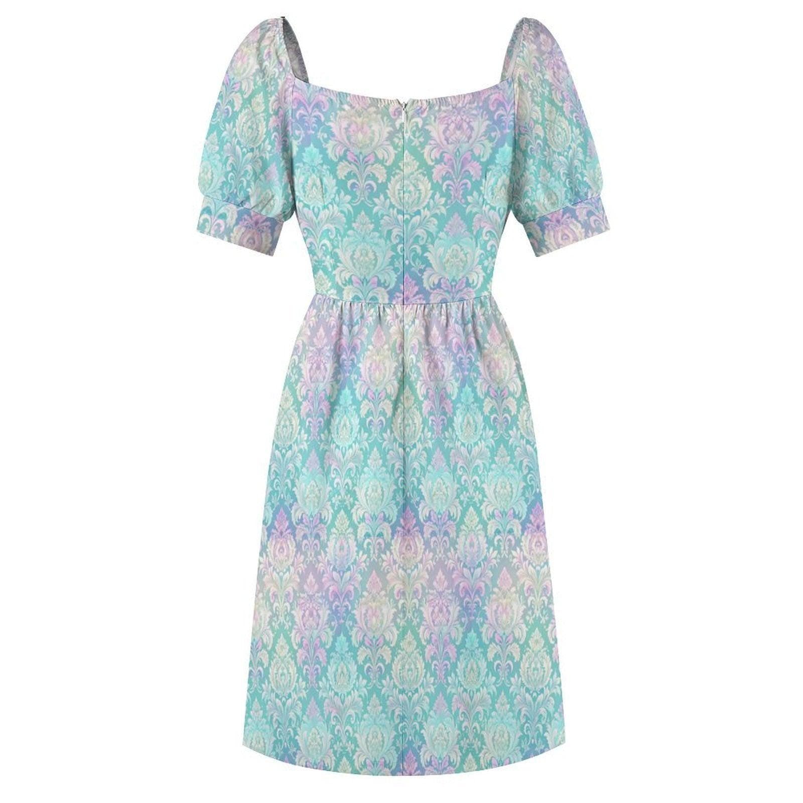 Seafoam Pastel Rococo Midi Dress, Puff Sleeve Mermaidcore Wedding Guest Outfit